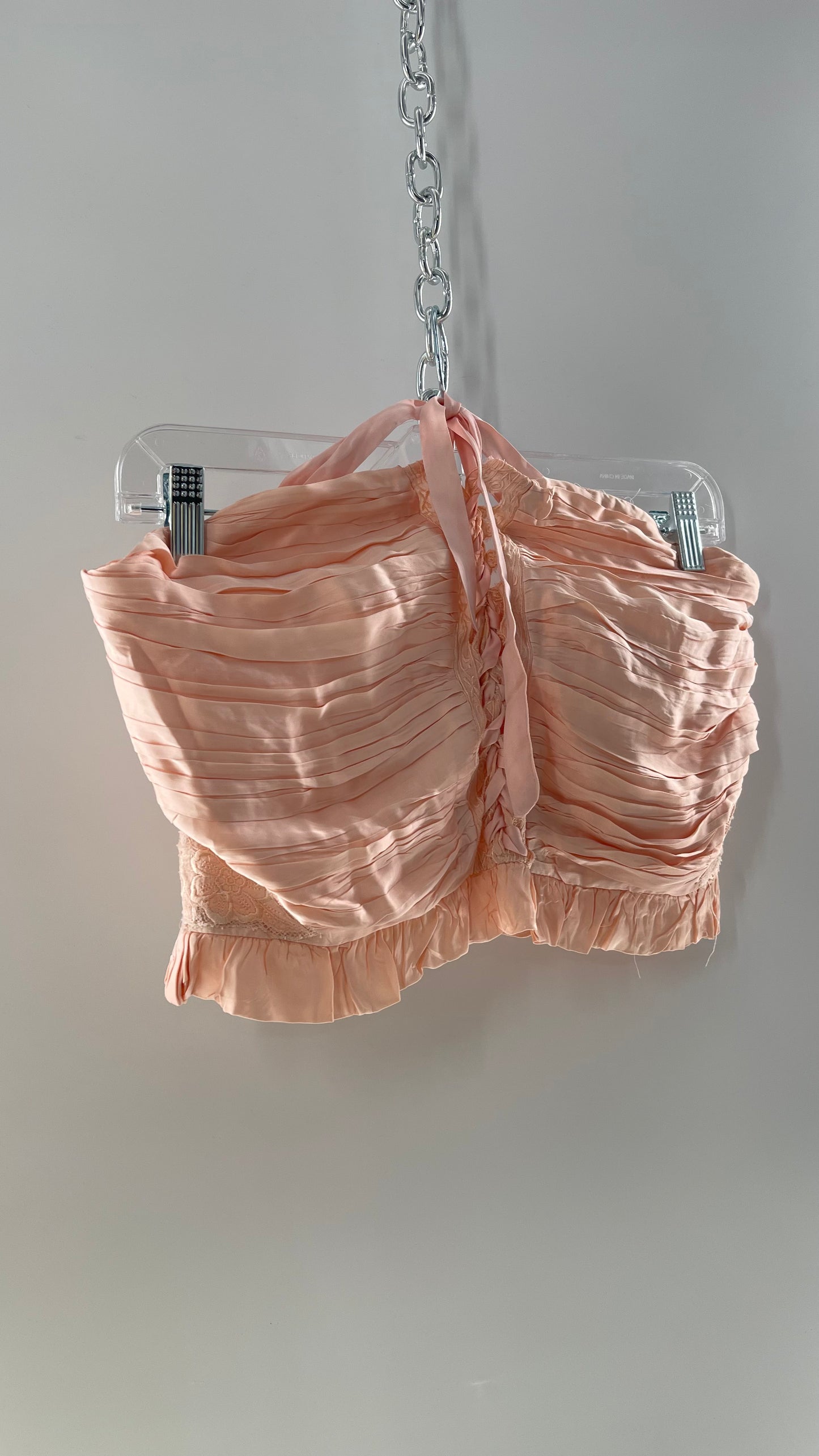 Free People Pink Viscose Pleated Tube Top with Ribbon Lace Up Bodice, Embroidered Flower Detail, and Ruffled Hem (Large)