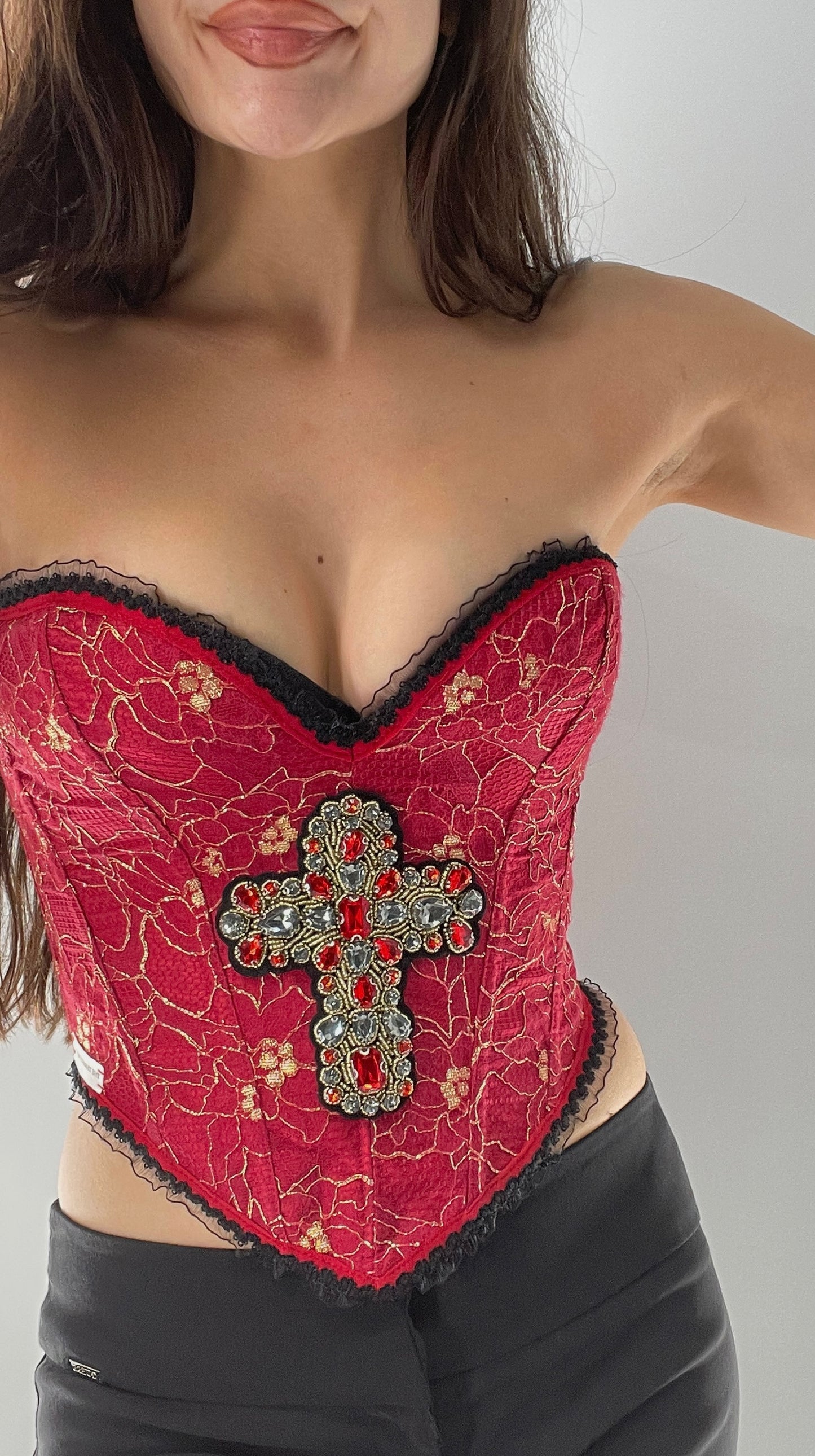 Custom Red Lace Corset with Beaded Cross Appliqué and Lace Trim (XS/S)