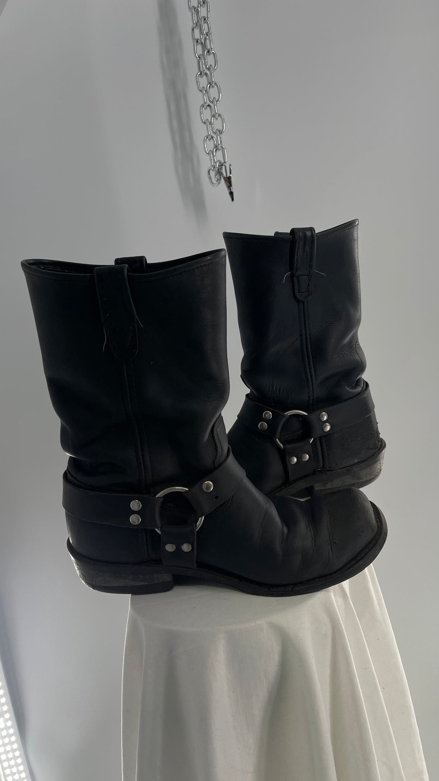 Vintage SIERRA Black Heavy Duty Sloppy Scuffed Distressed Leather Motorcycle Boots (10.5)