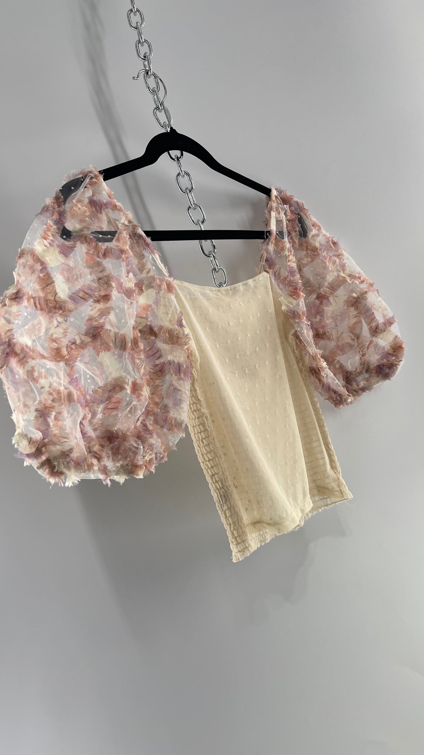 Free People Flower Girl Delicate Romantic Puff Sleeve Top with Smocked Mesh Body (Small)