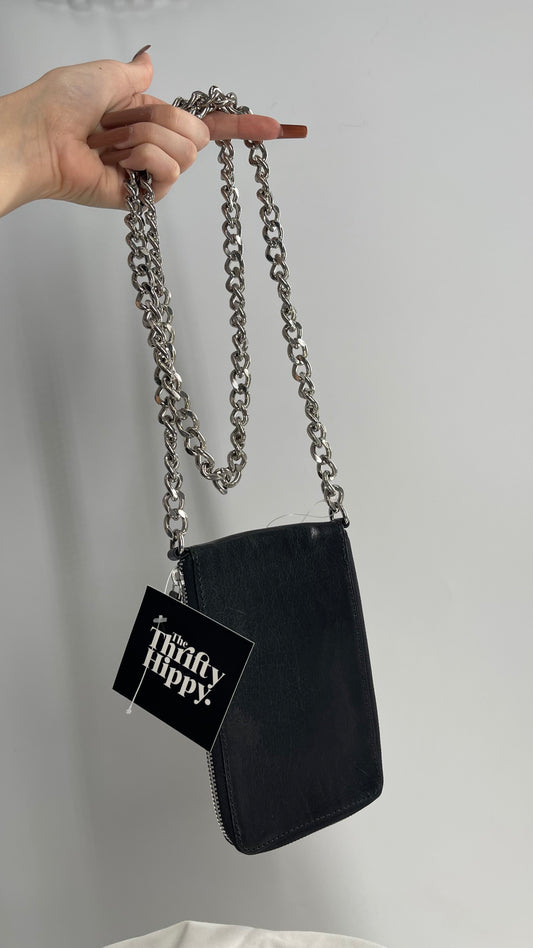Free People Black Leather Phone Purse with Heavy Metal Chain Strap