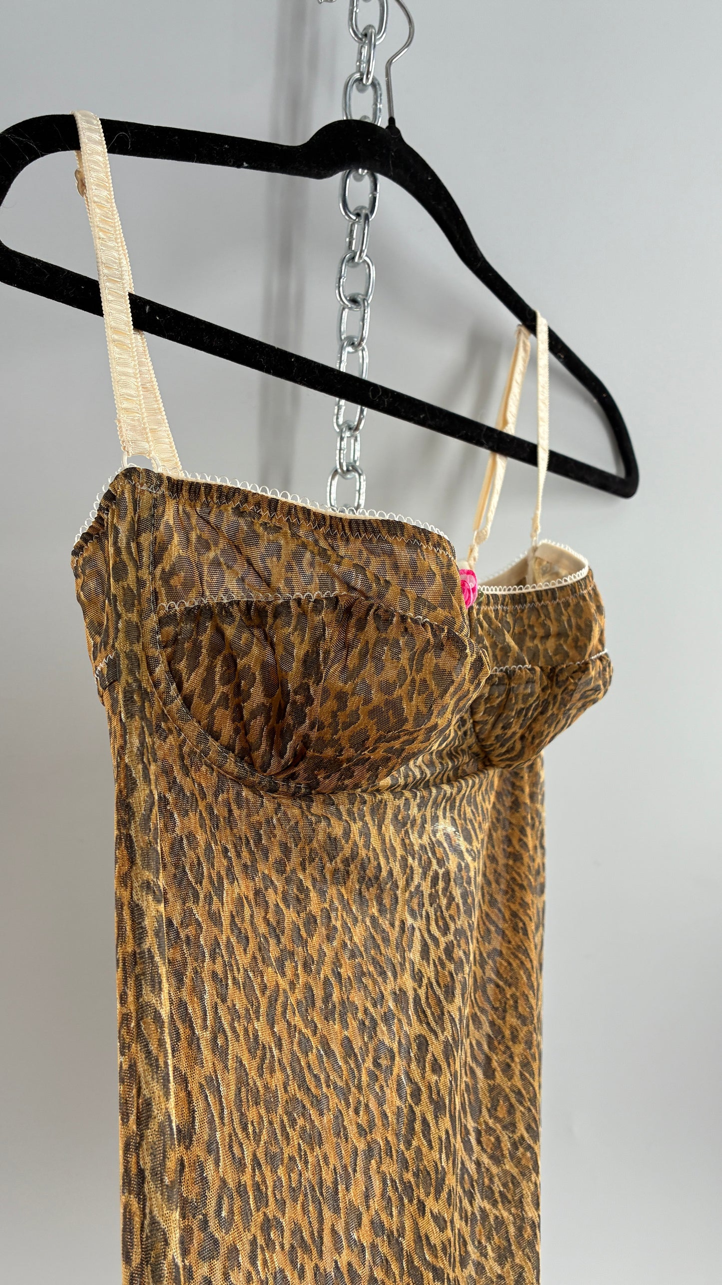 Vintage 1990s Dolce & Gabanna Cheetah Mesh Babydoll Camisole with Underwire Ruched Bust, Rosette and Branded Appliqué Tag (Large)