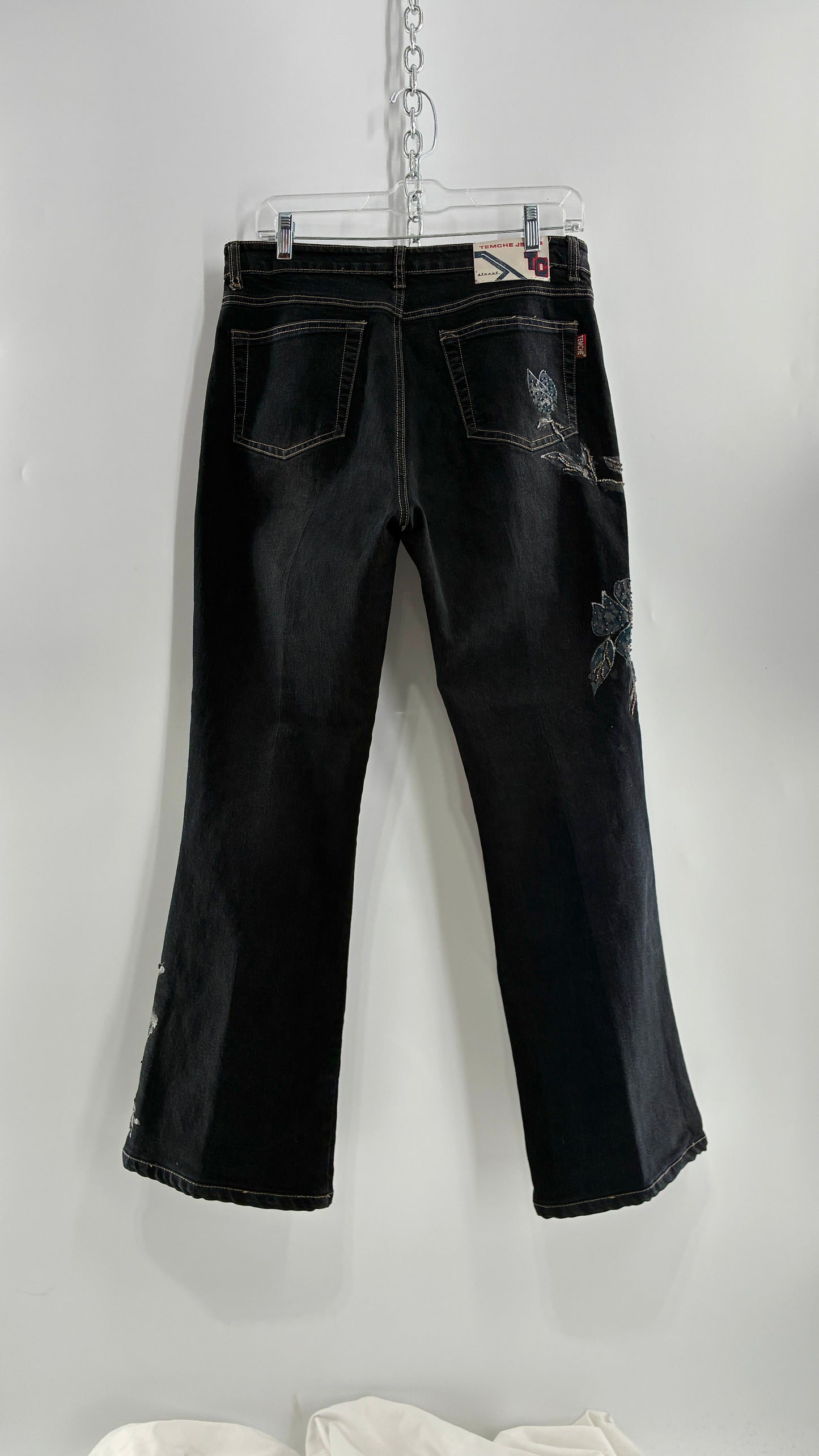 Vintage TEMCHE JEANS Dark Wash Jeans with Painted, Beaded Florals