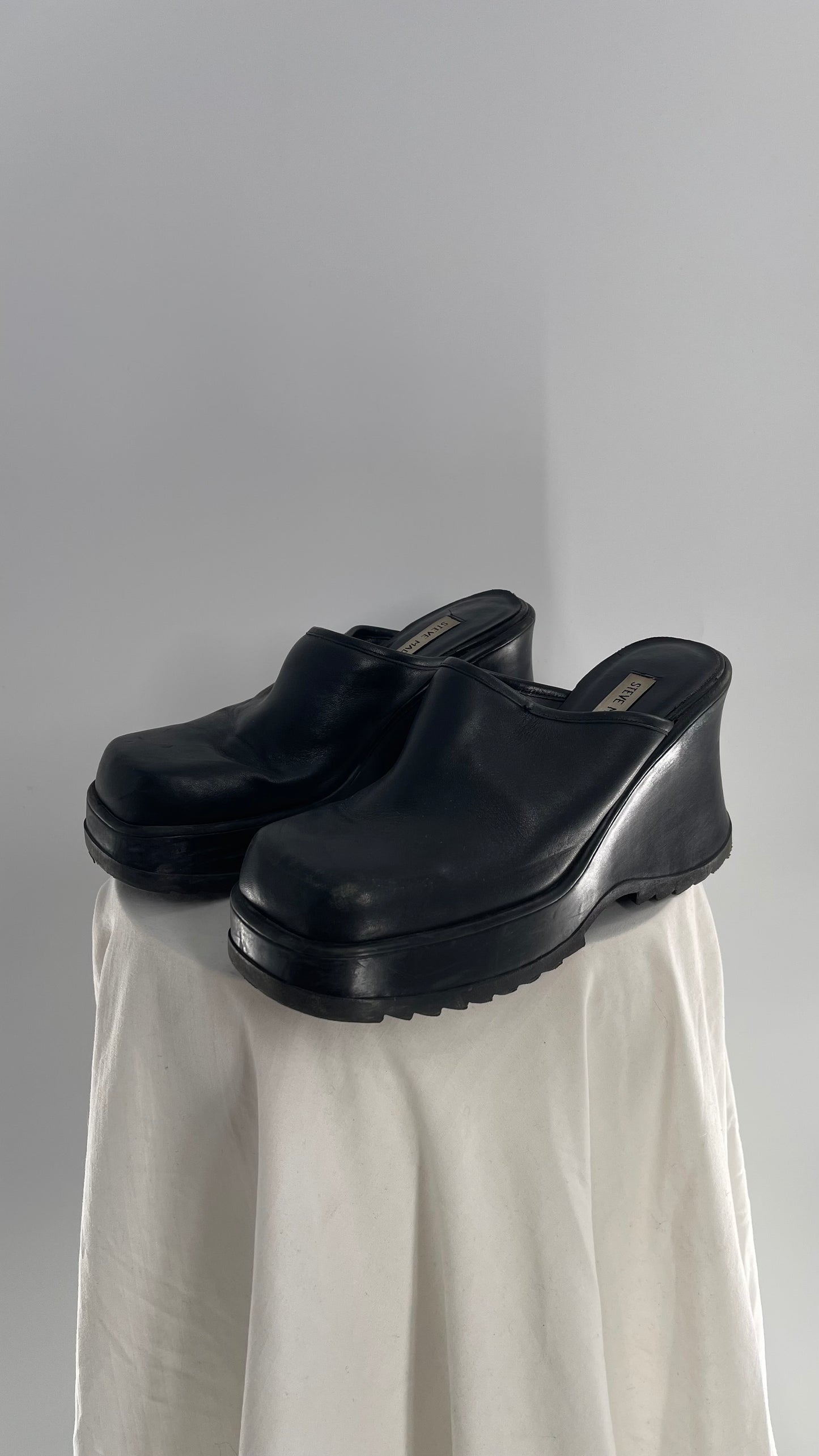 STEVE MADDEN Rare Black Leather Chunky Platform Wedge Clog (10)