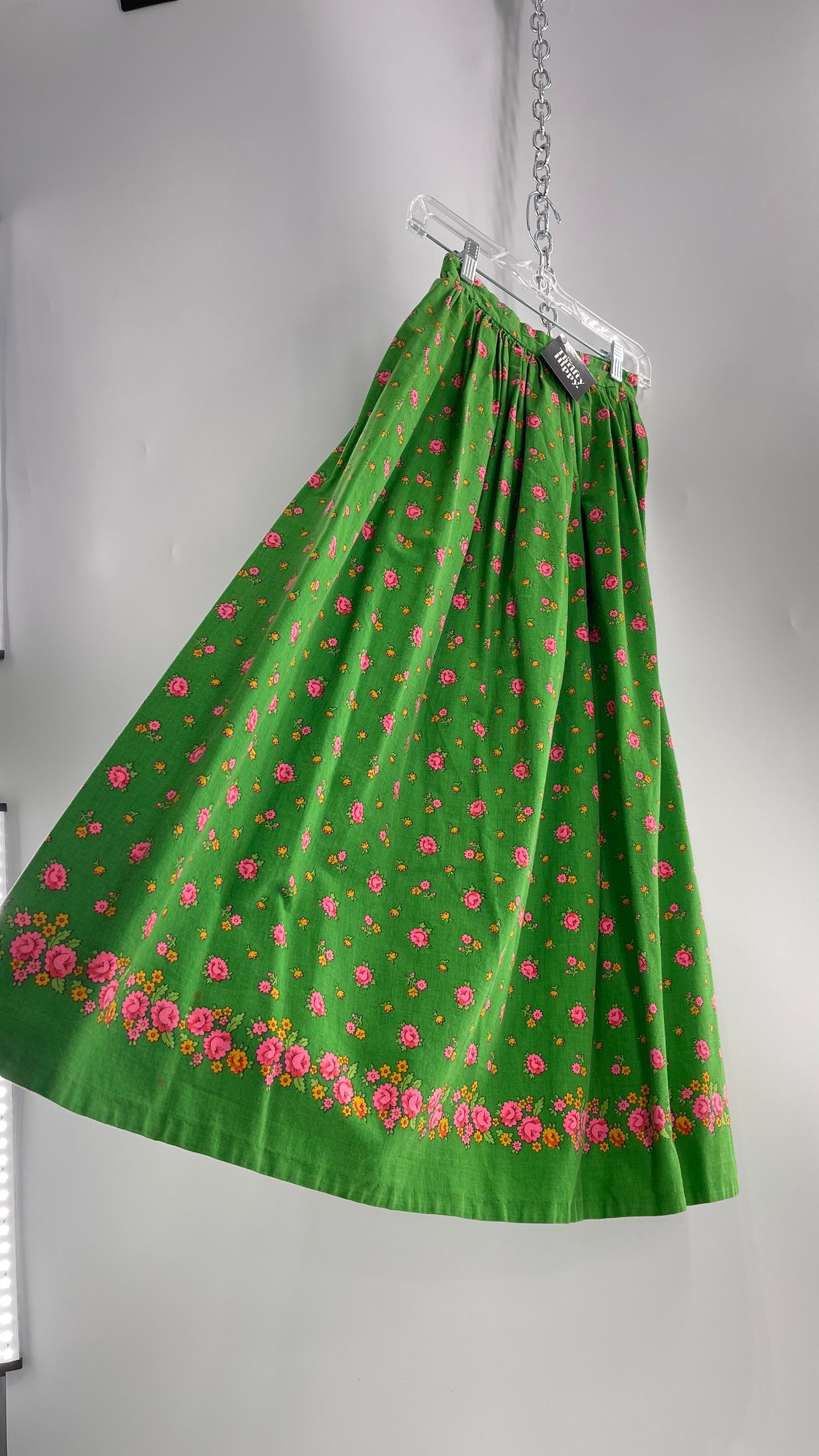 Vintage Imported Cotton Kelly Green Skirt with Pink Roses (XS)
