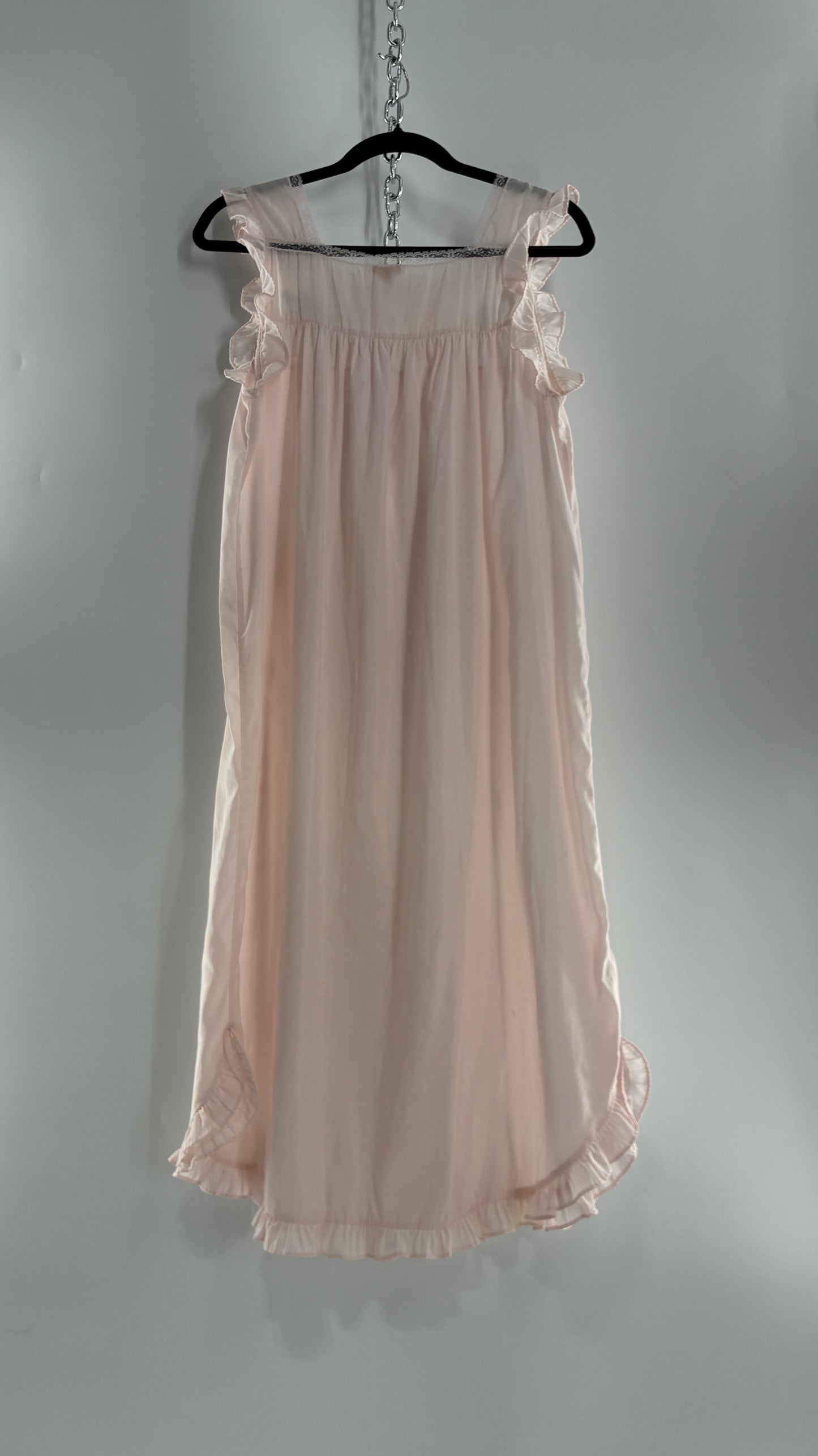 Vintage Barbarie Baby Pink Nightgown Style Dress with Embroidered Florals and Ruffled Straps