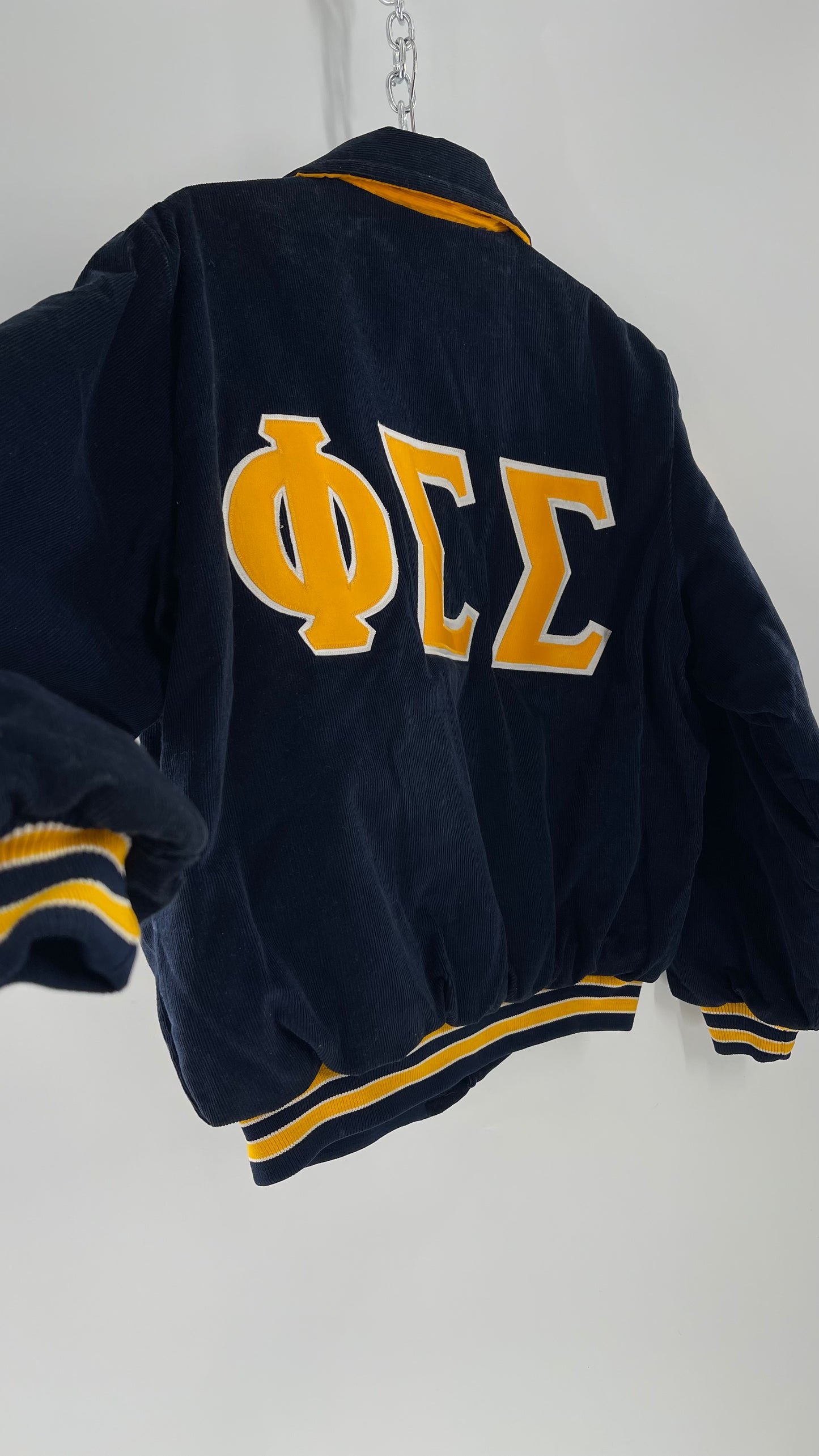 Birdie Vintage Phi Sigma Sigma Navy Blue Corduroy Varsity/Sorority Jacket with Contrast Yellow Patches and Embroidered “Paula” Monogram (Large)