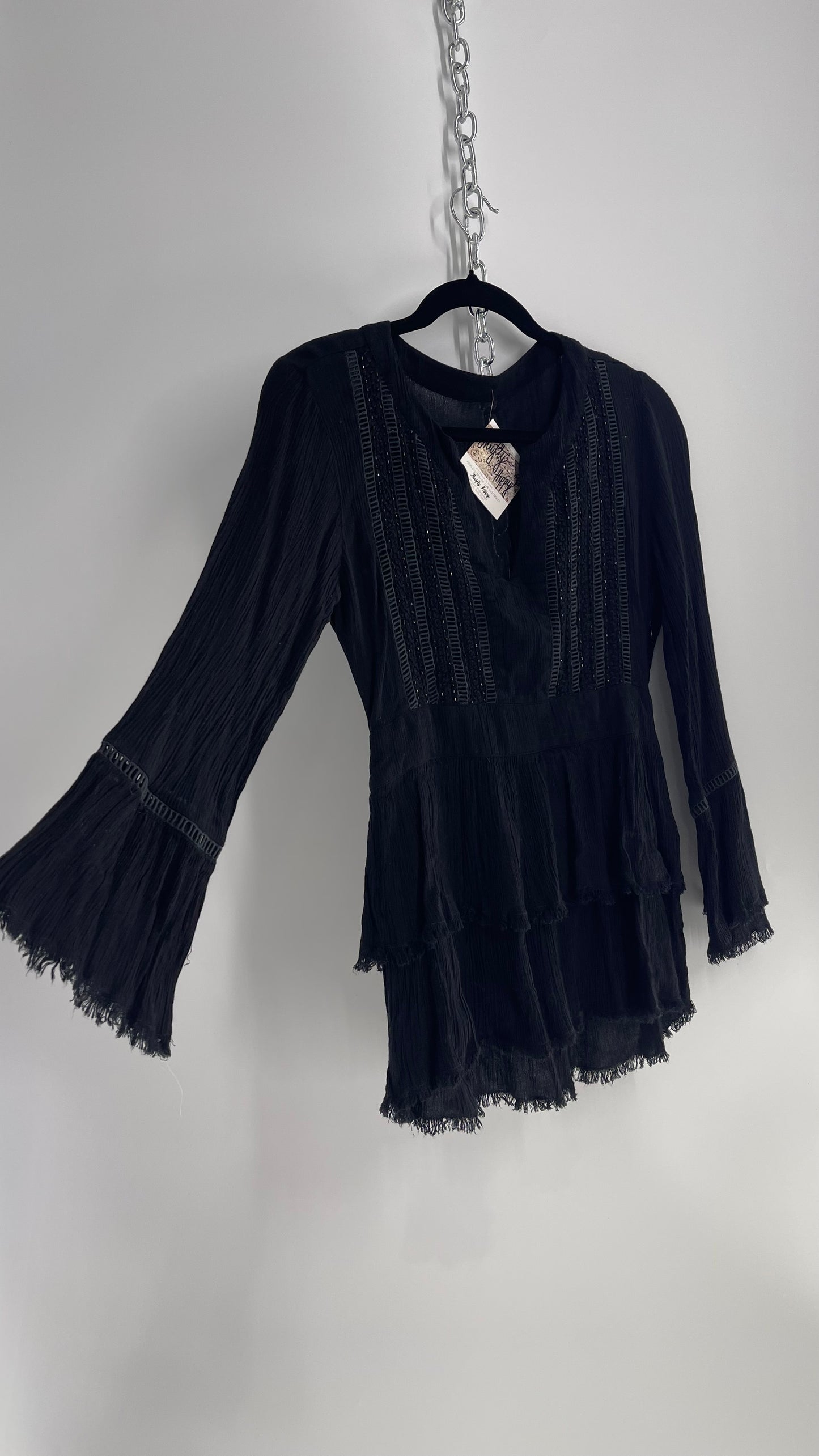 Black Ruffle Base Beaded Neckline and Side Zipper (Small)