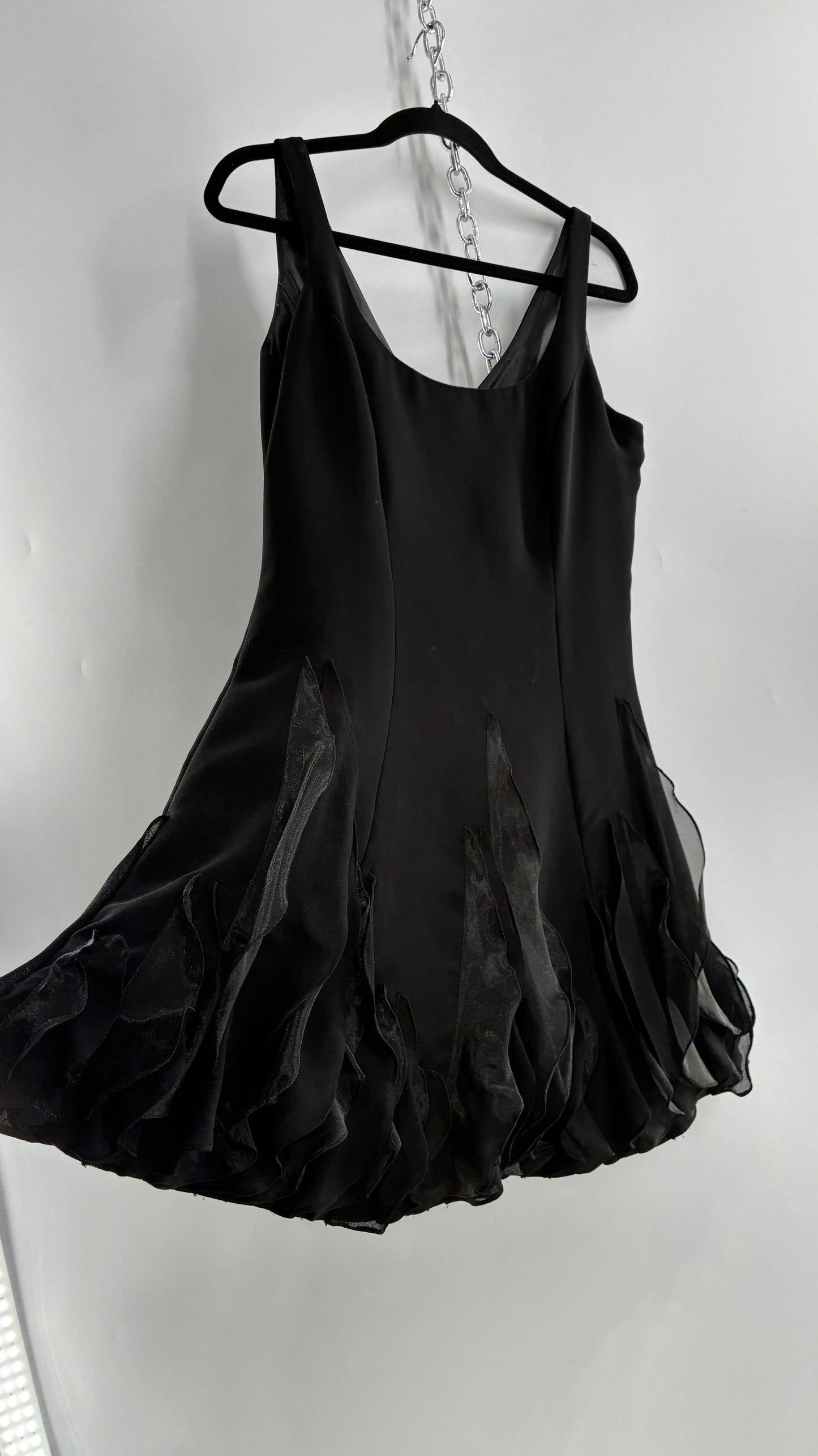 Vintage JS BOUTIQUE Black Structured Petite Mini Dress with Ruffled Hem (10P)