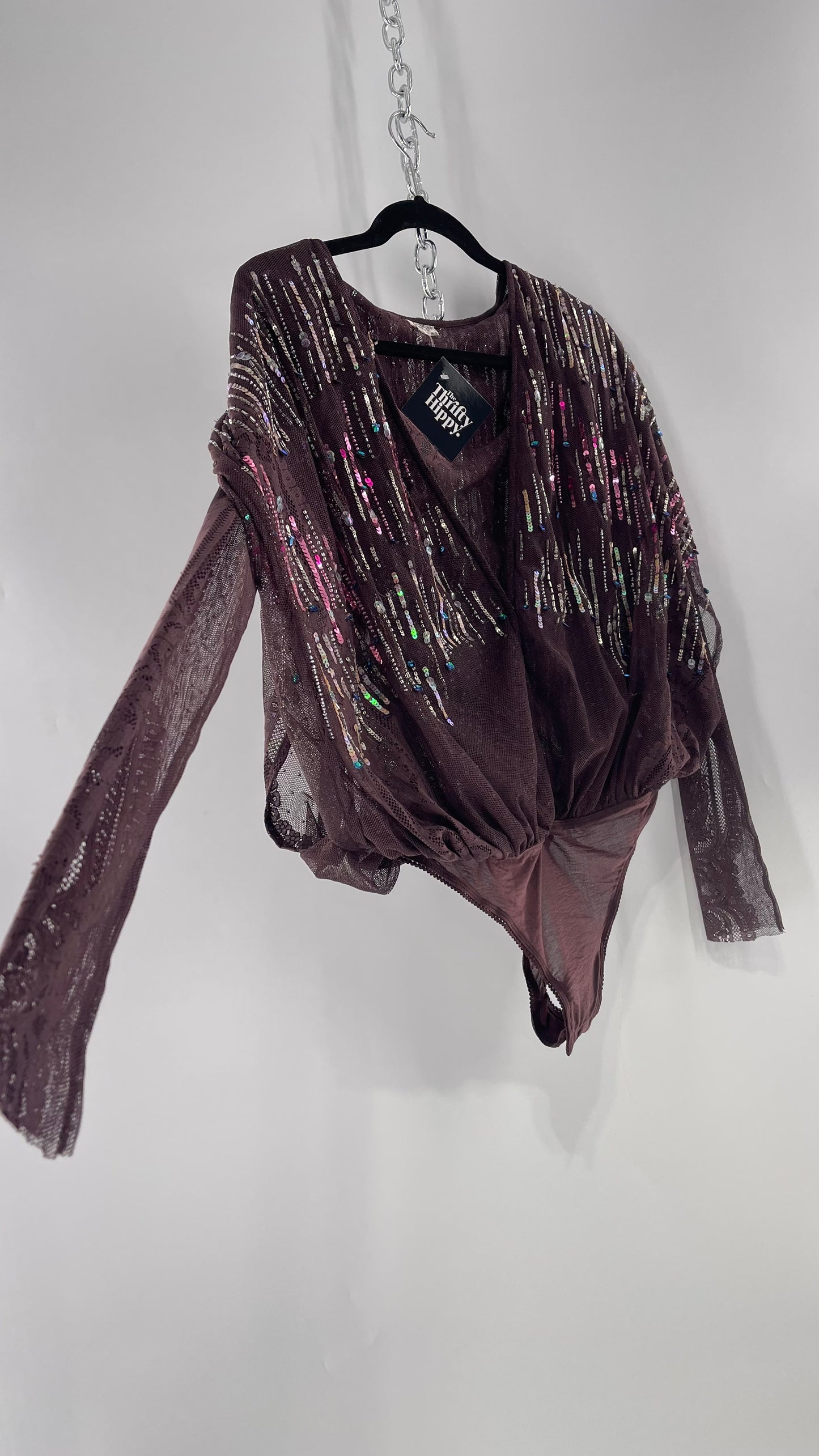 Intimately Free People Plum Mesh Bodysuit with Lace Sleeves and Beaded/Sequined/Embellished Body (Medium)