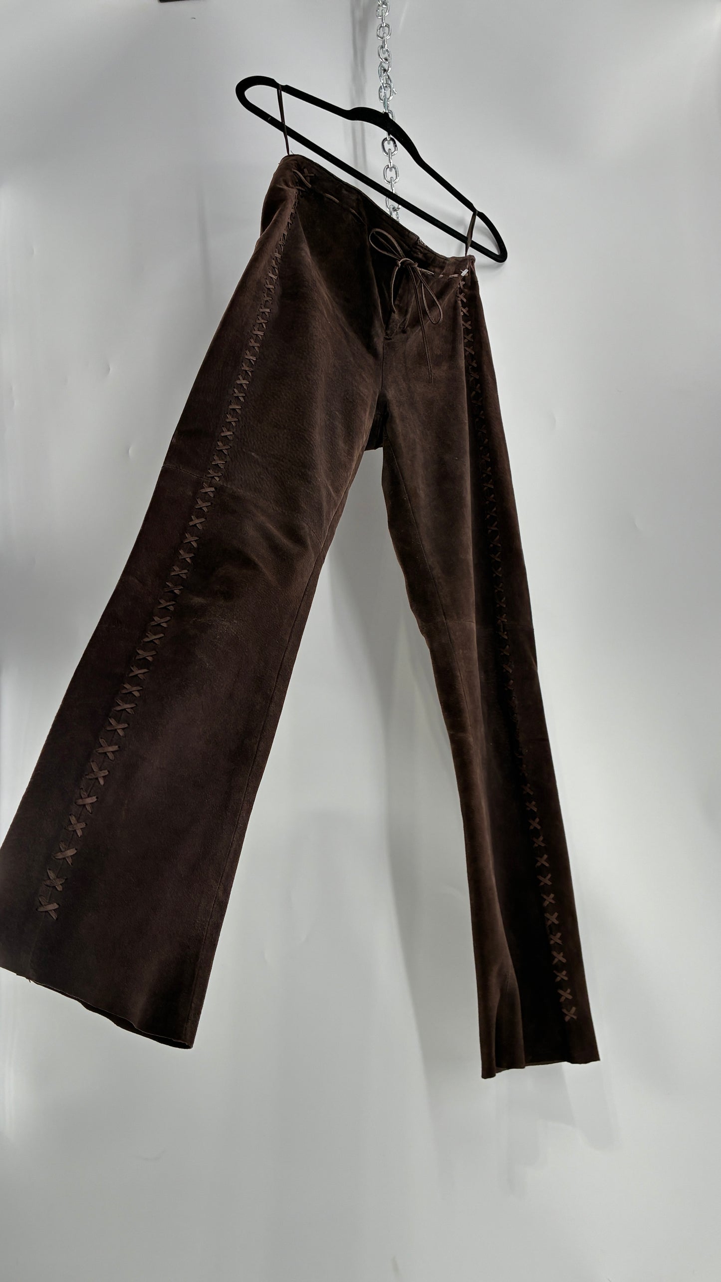Vintage FOR JOSEPH Low Rise, Chocolate Brown Suede Pants with Leather Stitch Sides and Bow Closure (28)