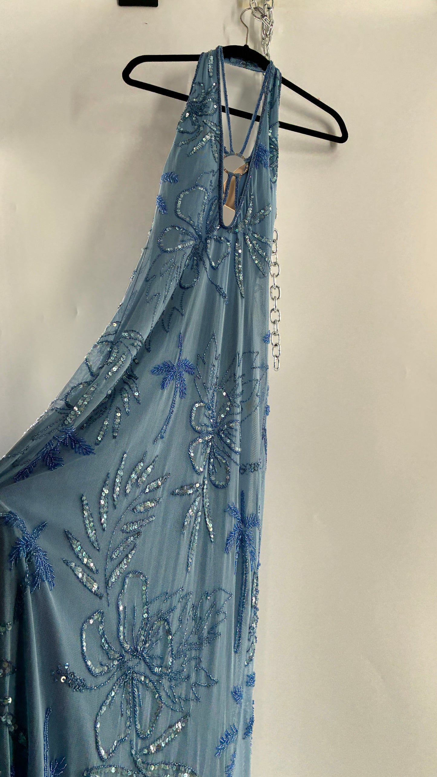 Vintage 1990s Powder Blue Gown Covered in Beaded Appliqué Tropical Designs with Strappy Bust and Low, Open Back (S/M, stretchy no size marked)