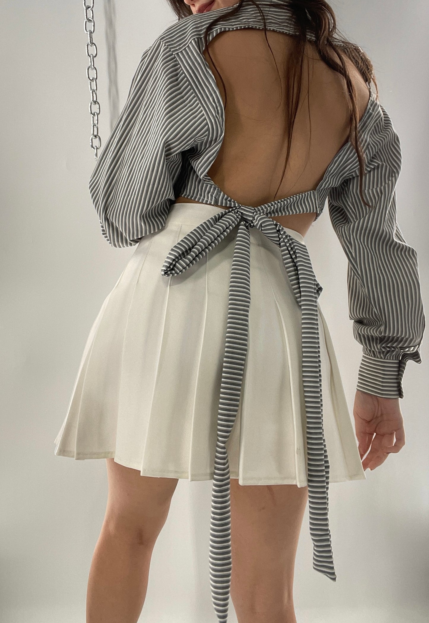 Vintage Reworked Button Front Backless Grey Blue Striped Blouse (One Size)