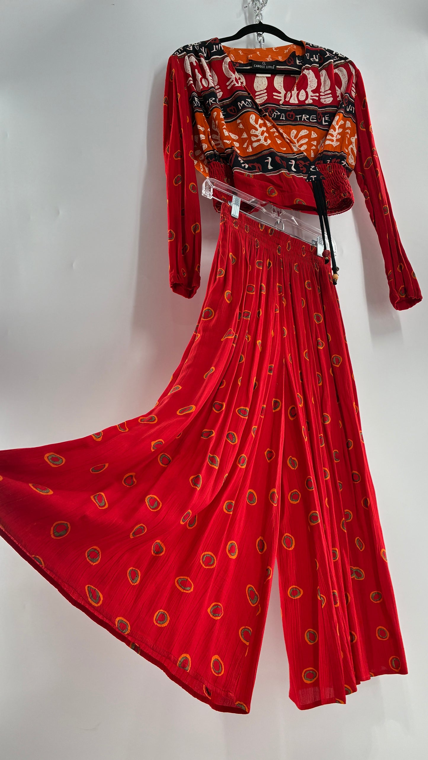 Vintage CAROLE LITTLE Red 3pc Set, Cropped Blouse, Haram Pant and Skirt (Pants 4, Skirt 10, Top S)