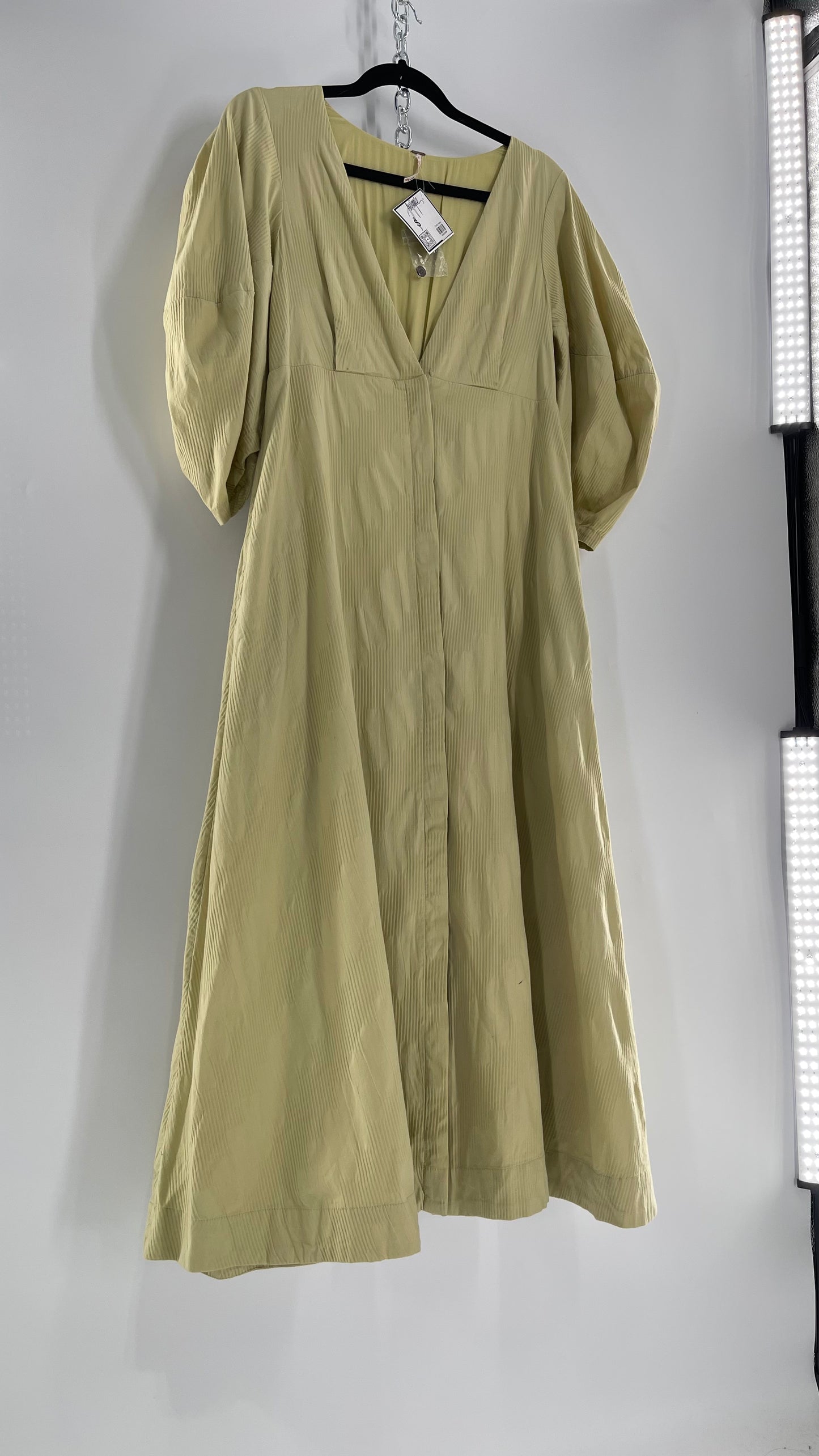 Free People Sage Green Textured Hidden Wooden Button Front Maxi with Back Pleating (Small)