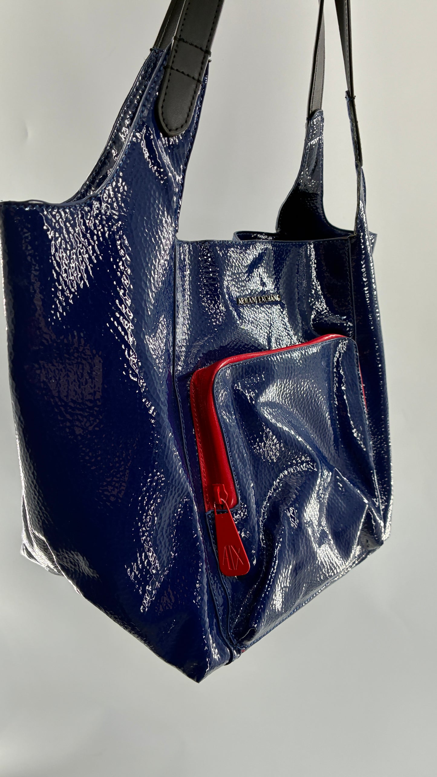 Vintage ARMANI EXCHANGE Navy Blue Patent Tote Bag with Contrasting Red Zipper