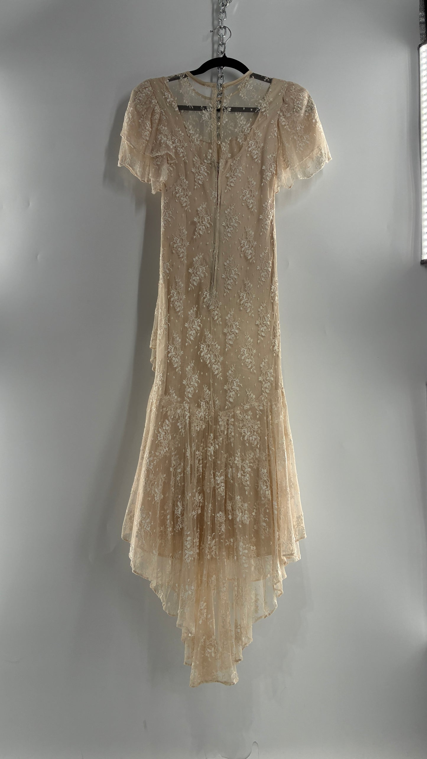 Vintage Ivory Lace Gown with Petal Sleeves, Tiered Hemline (5/6)