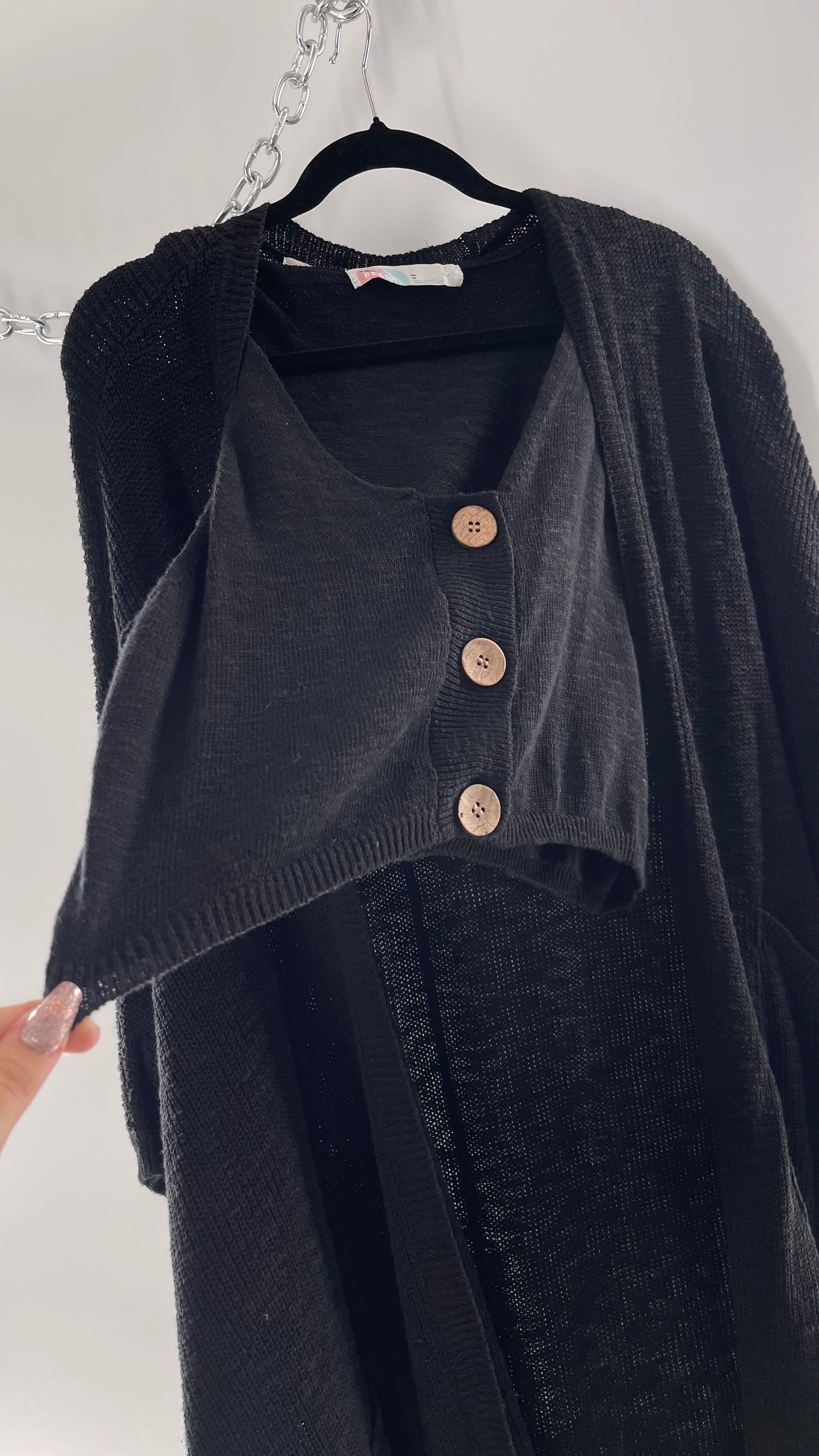 Free People Kai 3 piece Black Knit Cardigan, Tank, Shorts Set with Extra Button Never Worn (Medium)