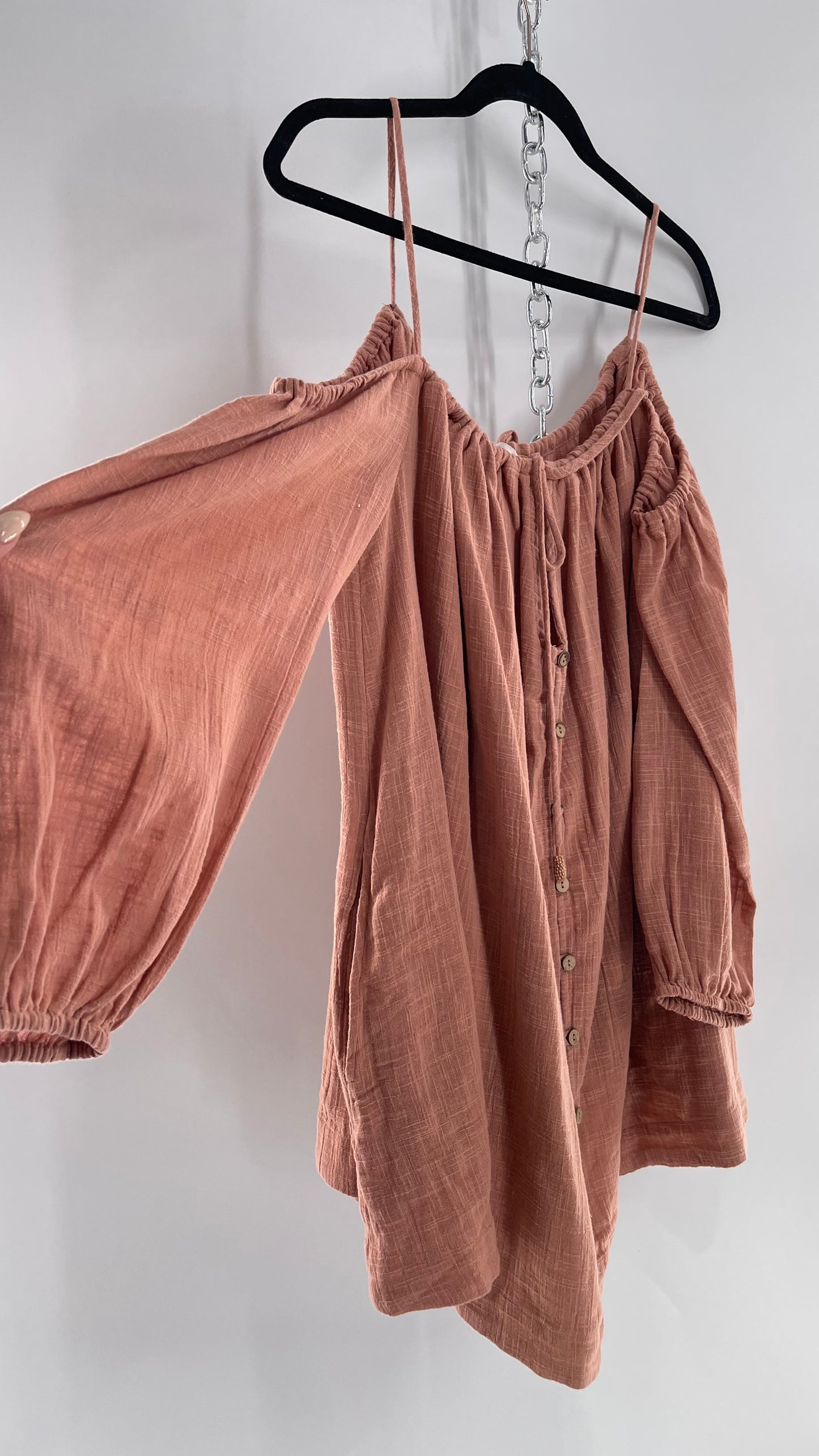 Free People Cotton Blush Pink Button Front Cold Shoulder Dress (Medium)