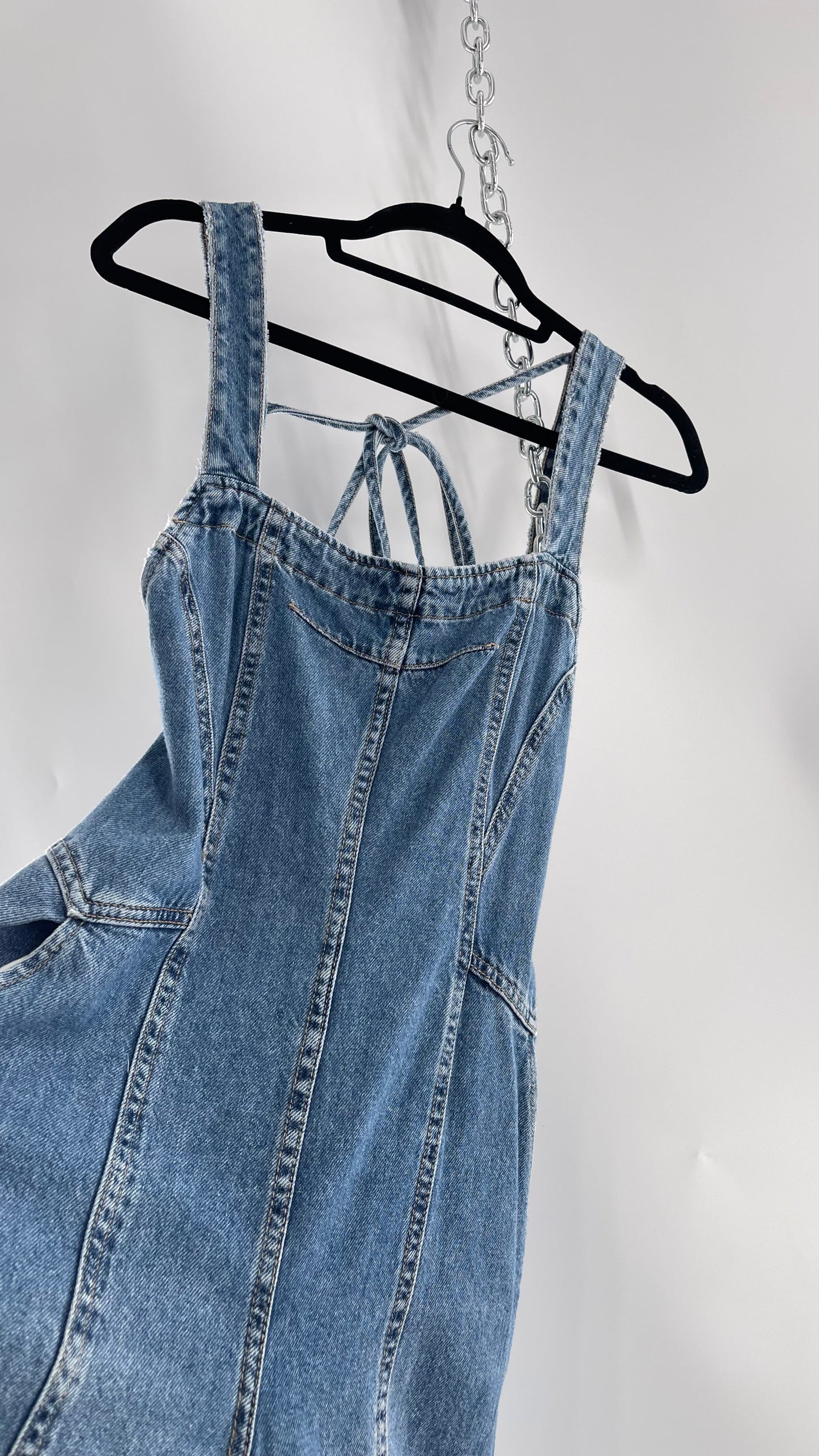 Free People Denim Backless Wide Leg Jumpsuit with Tags Attached (Small)