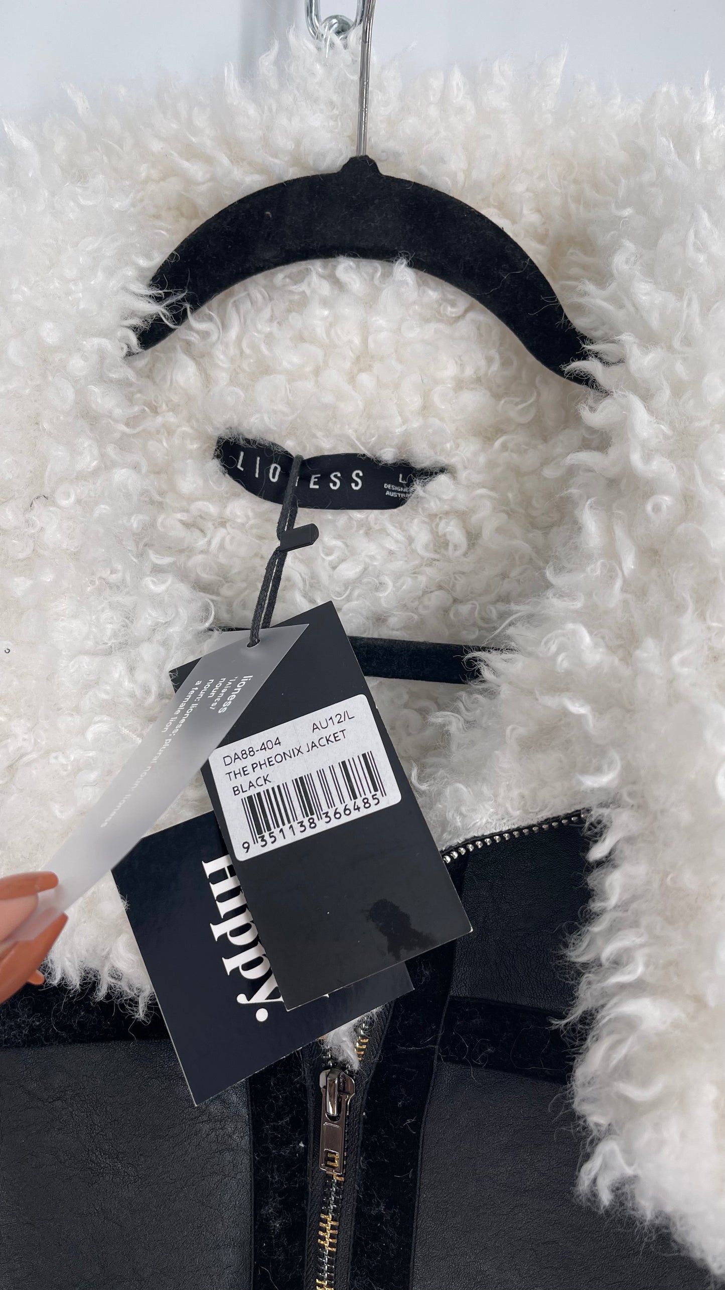 LIONESS Phoenix Jacket Black Faux Leather White Fur Trim (Large)