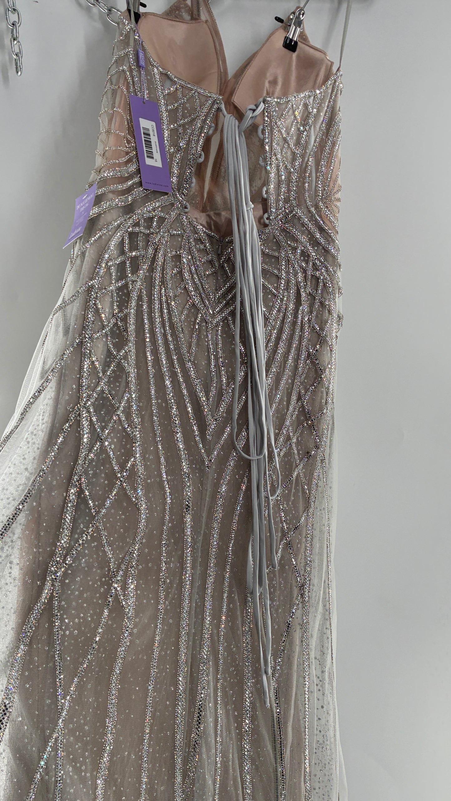 NWT LADIVINE by Cinderella Divine Silver Nude CC6018 Mermaid Corseted Gown with Multiple Layers of Tulle, Covered in Crystal Strips (16)