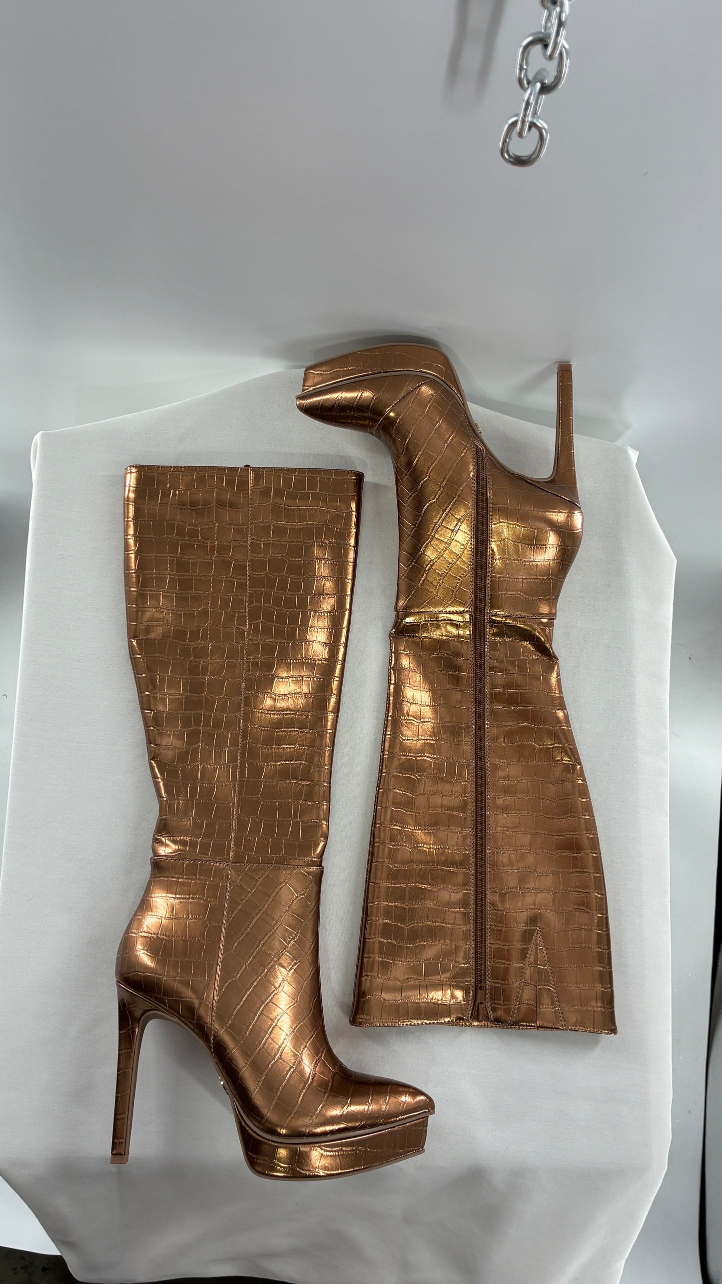 Vintage THALIA SODI Bronze Embossed Crocodile Texture Platform, Pointed Toe, Knee High Boots (6)