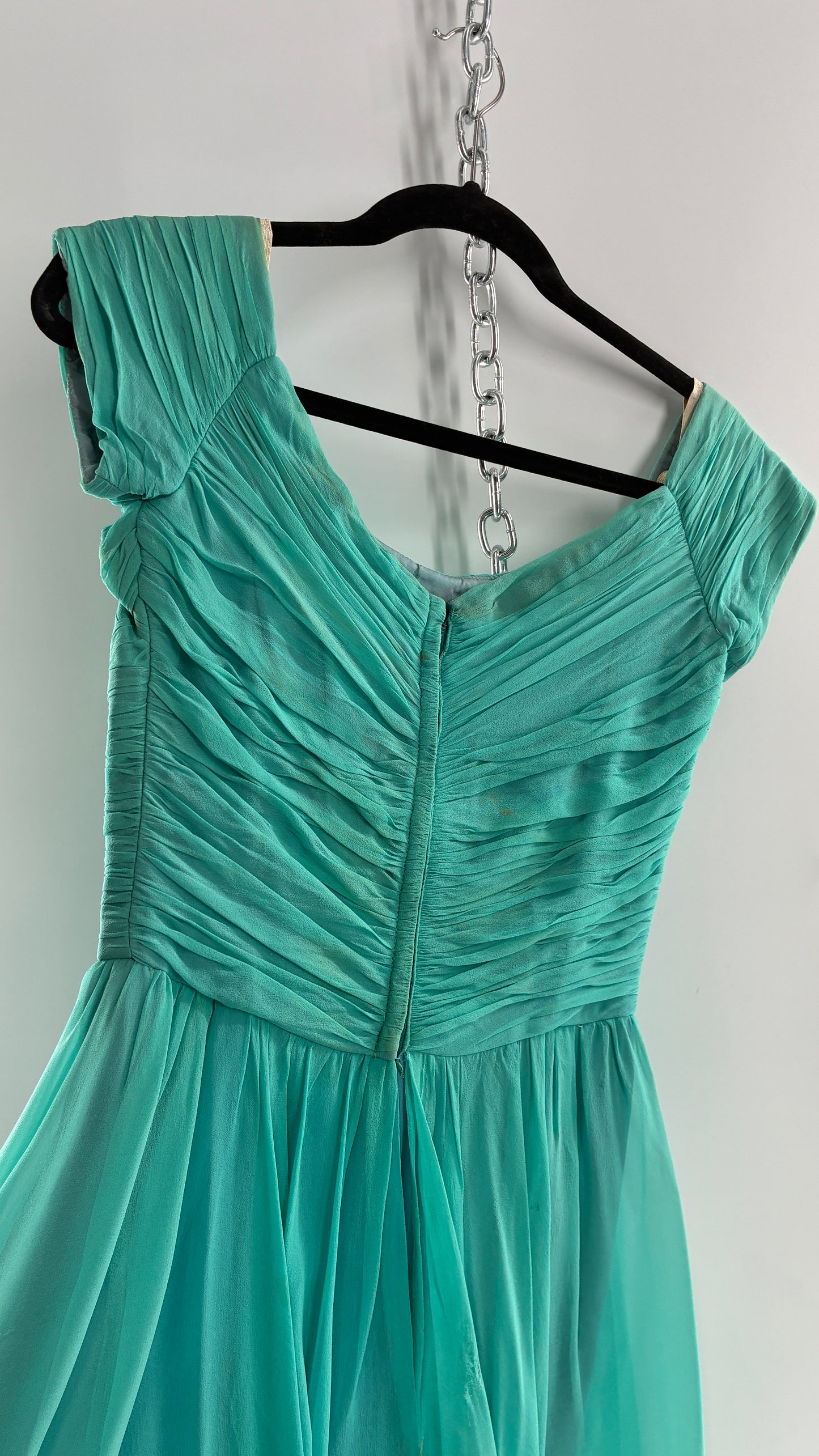 Vintage Teal Handmade Mini Dress with Pleated Basket Woven Bust (XS)