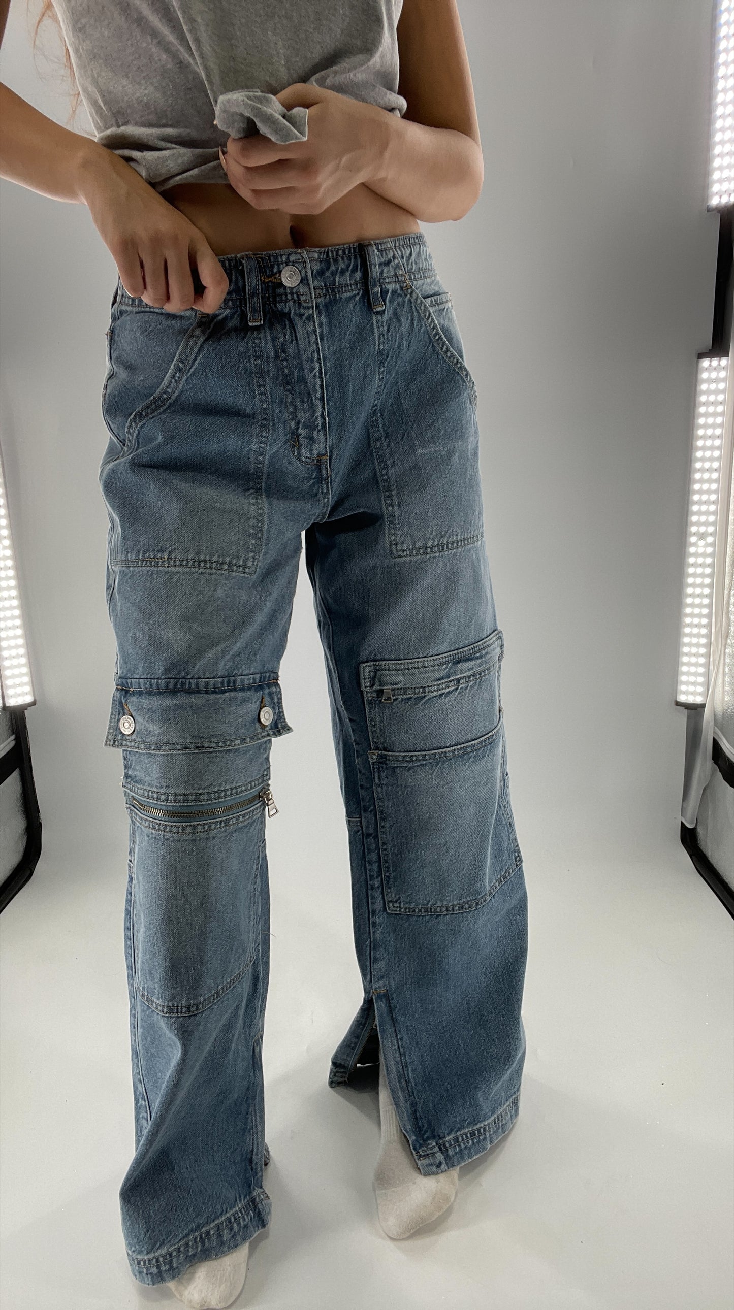 Free People Wide Leg Cargo Jeans Covered in Pockets, Zippers and stitching (27)