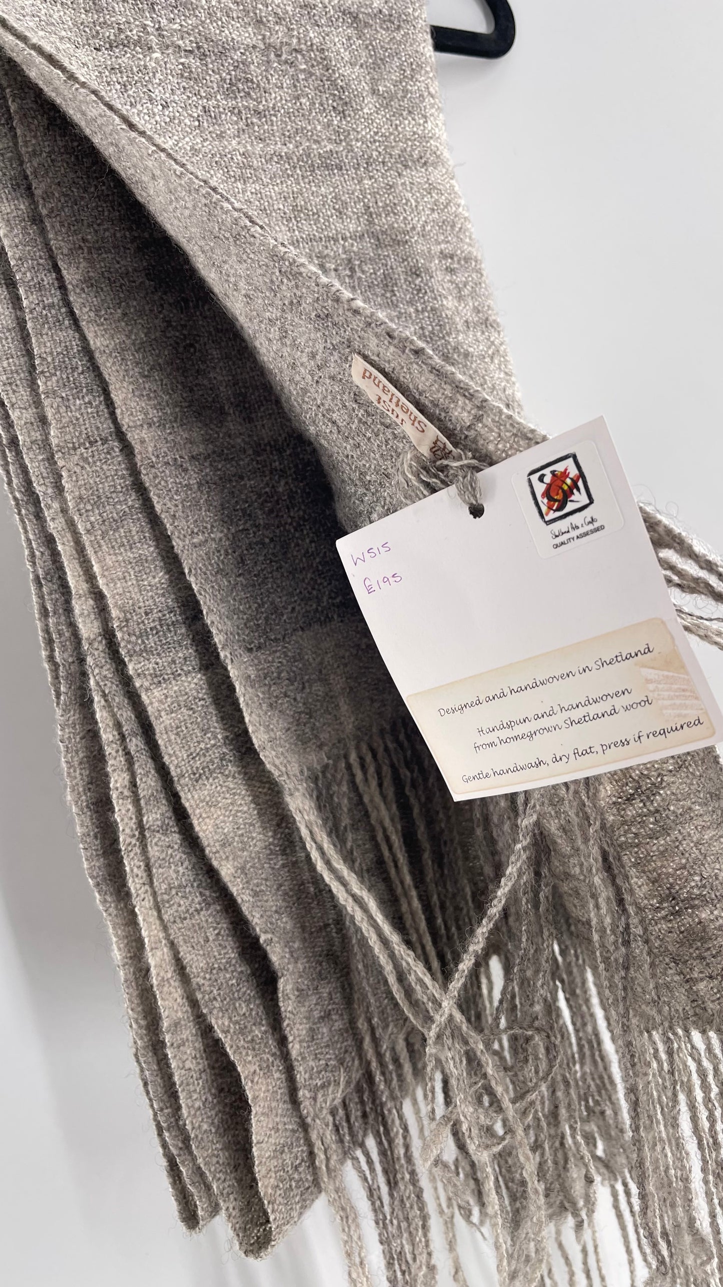 JuSt Shetland Handspun + Handwoven Shetland Yarn Julia Downing Nordus, Scousburgh Grey Woven Scarf