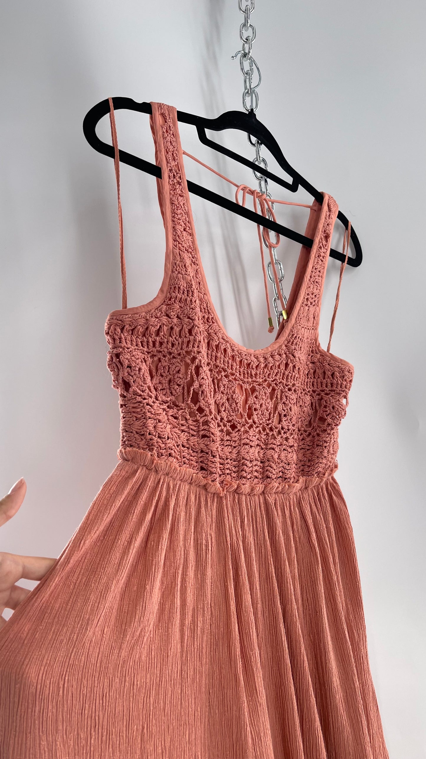 Free People Rose/Peach Pink Wide Leg Jumpsuit with Crochet Bust and Tags Attached (XS)