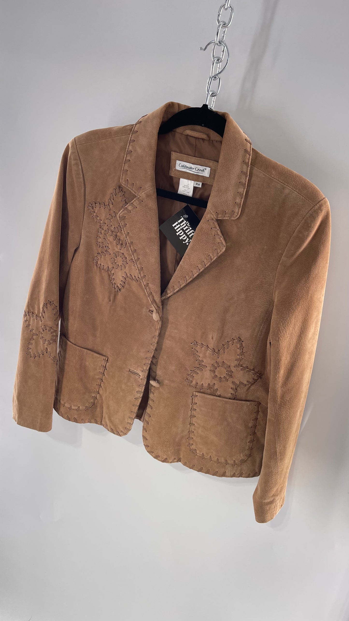 Vintage Rare Light Brown Genuine Suede Blazer with Embroidered Suede Flower and Contrasting Thick Leather Stitching (Medium)