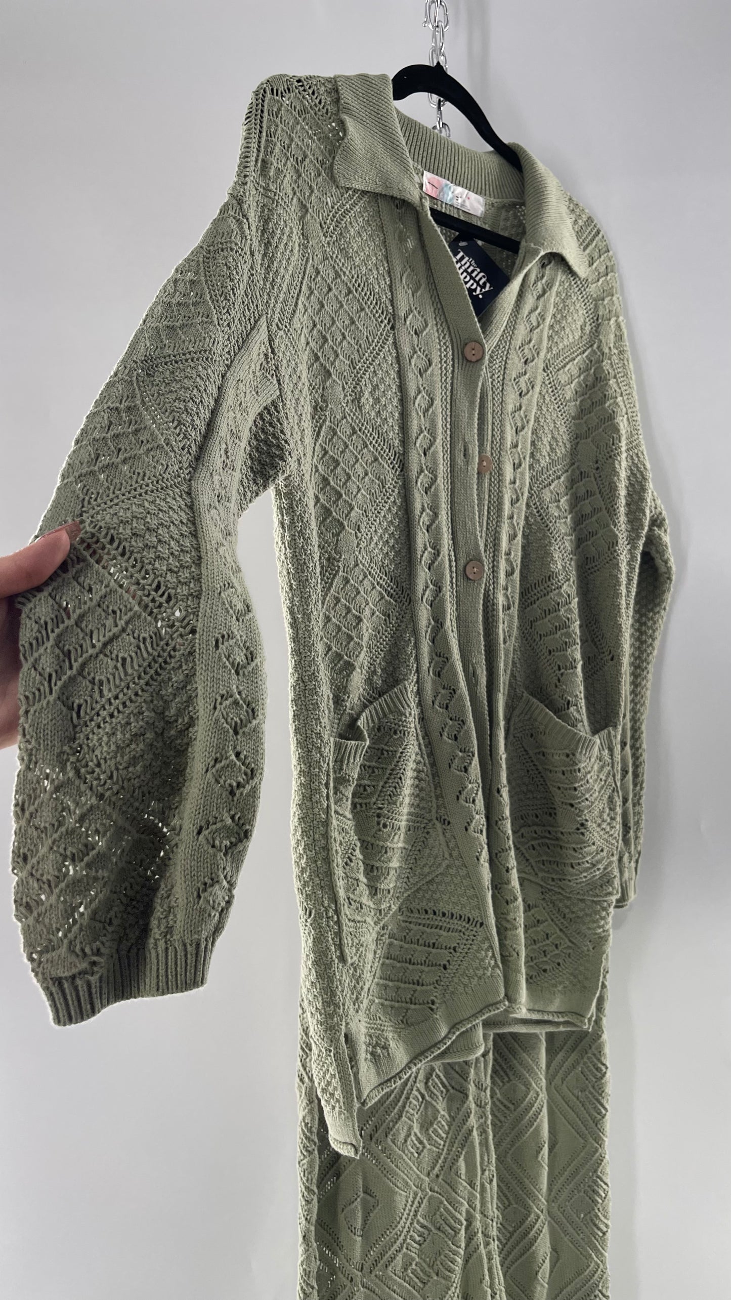 Free People Beach Sage Green Crochet Wooden Button Front Cardigan and Wide Leg Set (Medium)