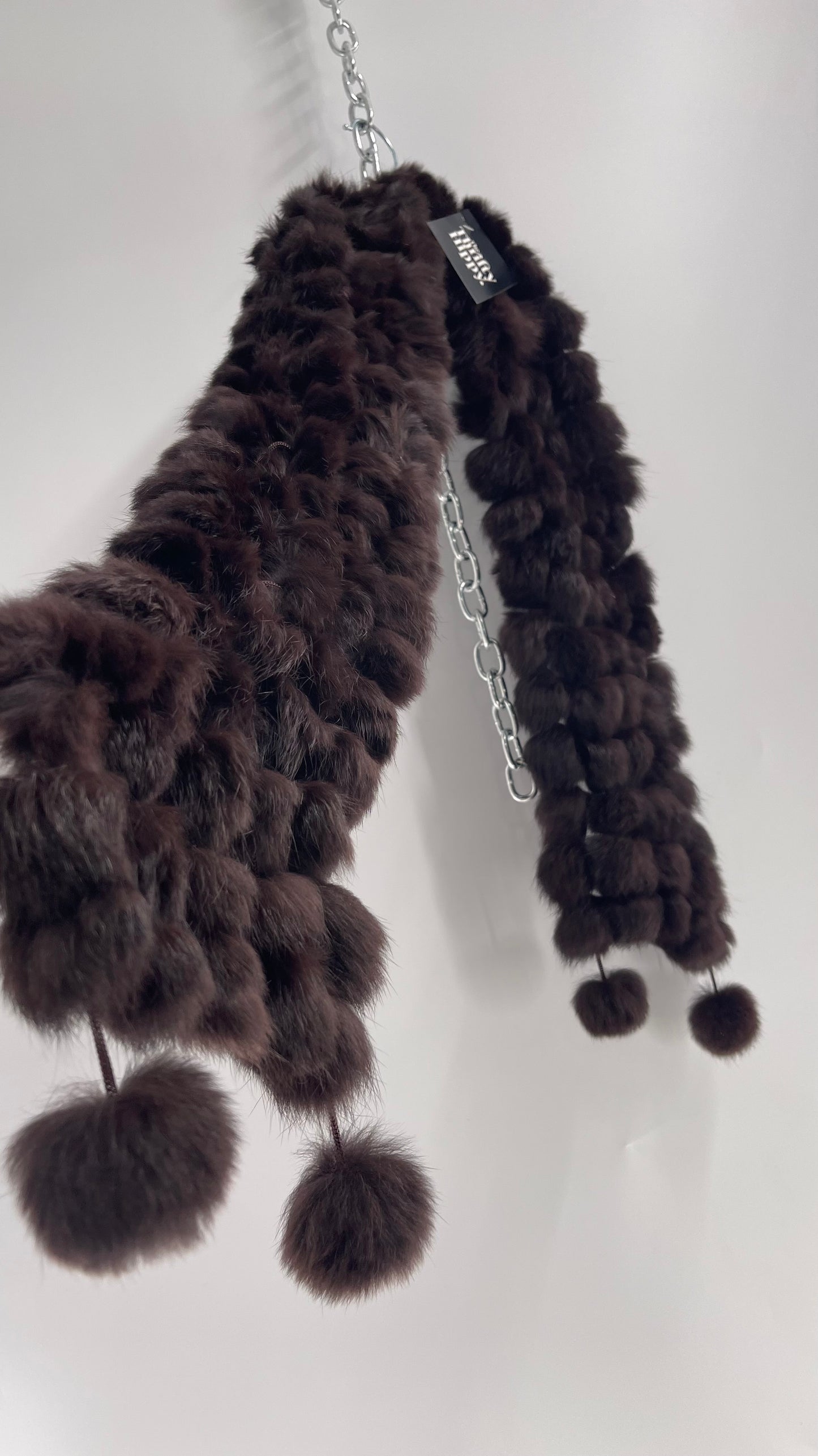 Vintage Dark Brown Rabbit Fur Pompom Scarf