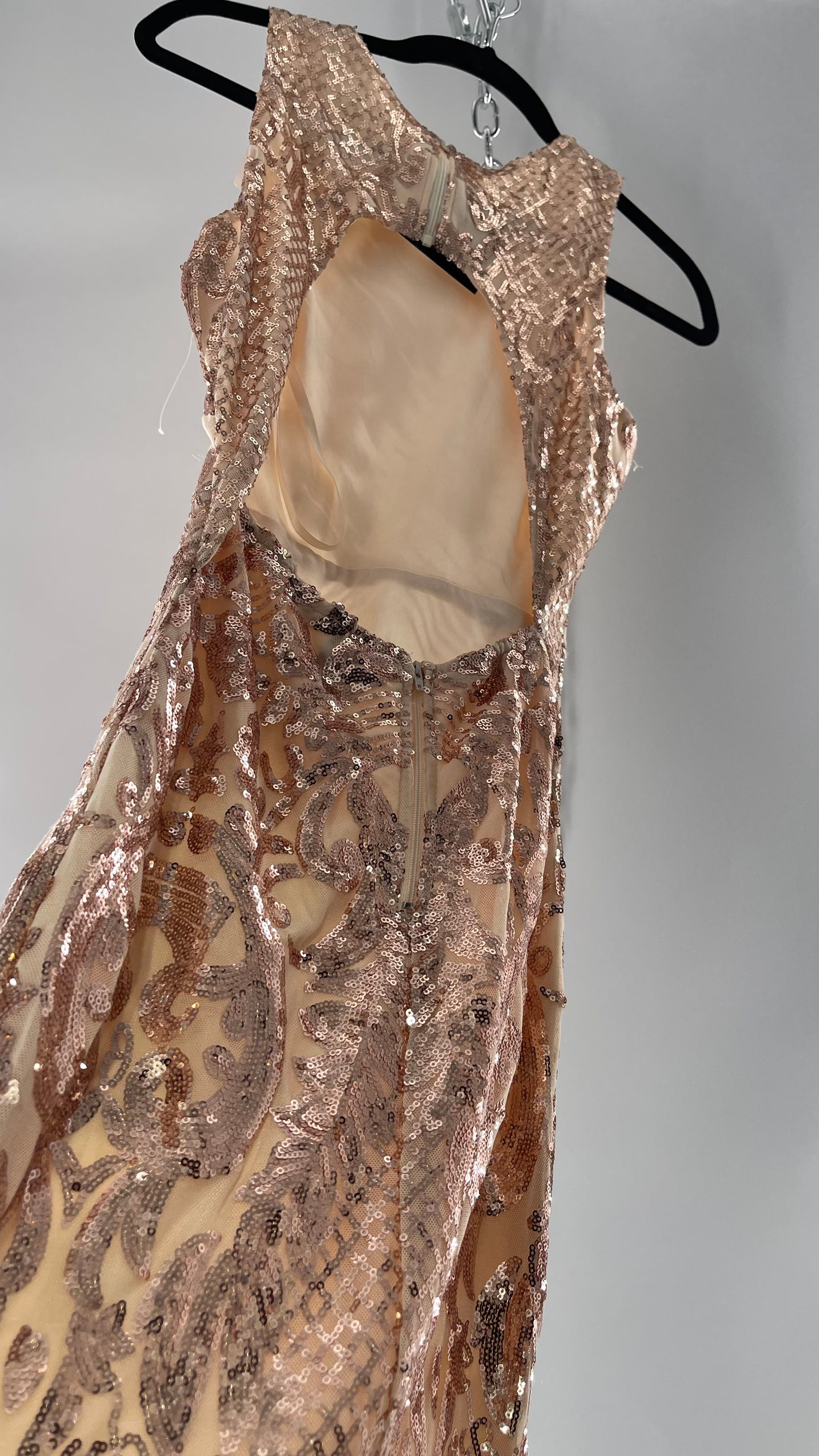 Windsor Rose Gold Sequin Maxi Dress with Side Slit Detail and Open Back (Small)
