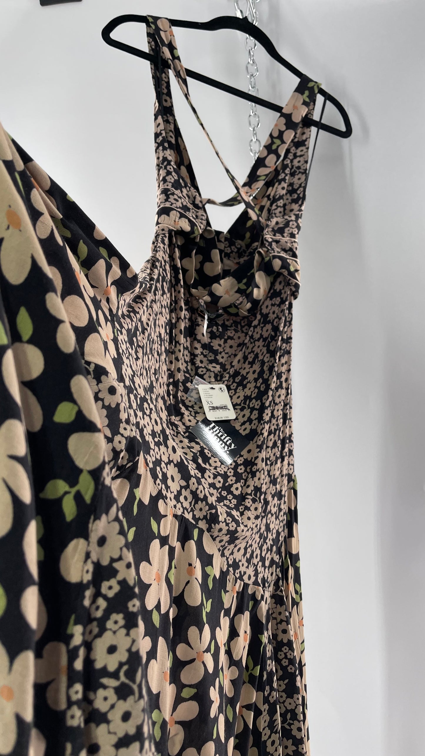 Free People Daisy Mixed Pattern Black/Beige Button Front Full Length Dress (XS)