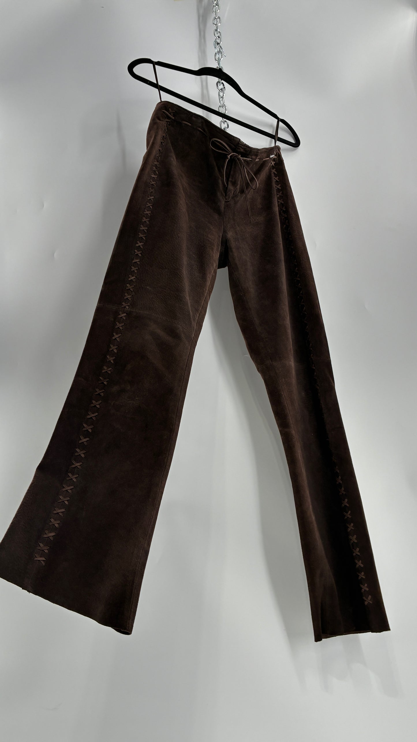 Vintage FOR JOSEPH Low Rise, Chocolate Brown Suede Pants with Leather Stitch Sides and Bow Closure (28)