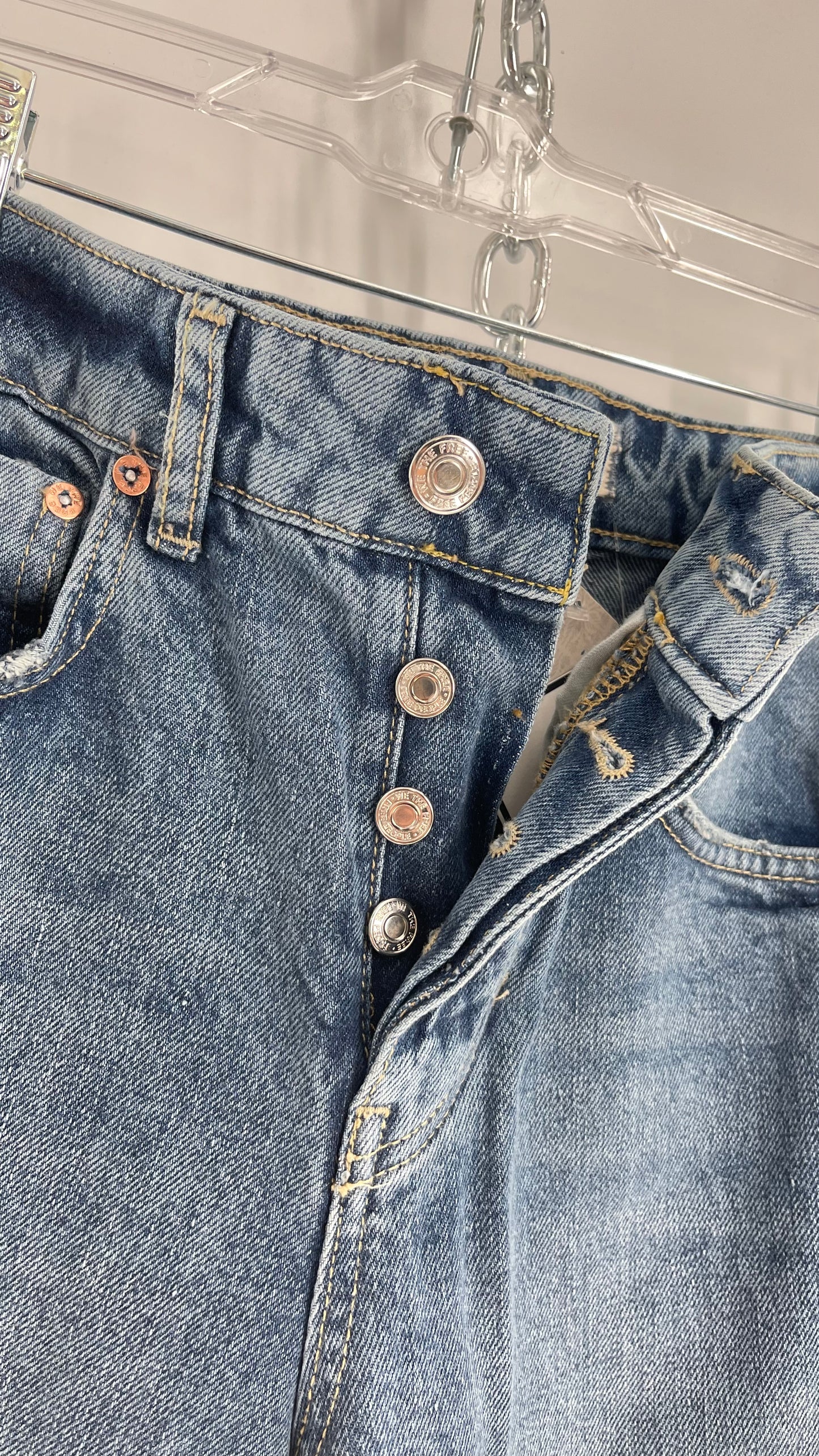 Free People Light Wash Straight Leg Jeans with Distressed Hem, Double Pockets and White Paint with Tags Attached (25)