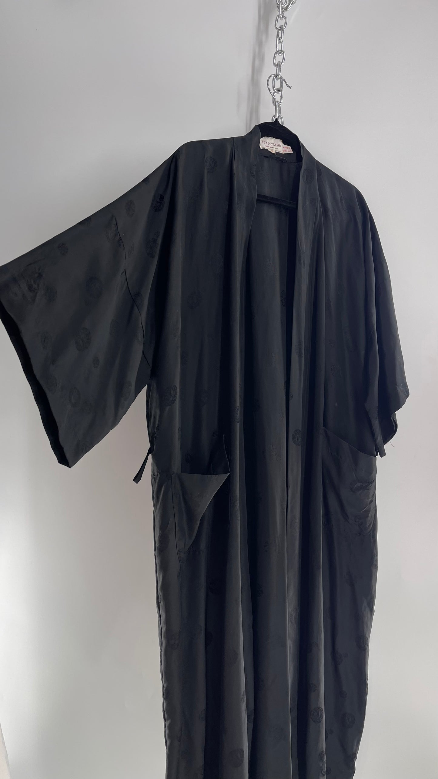 Vintage TREESHA 100% Pure Silk Black Long Embossed Robe (Large)