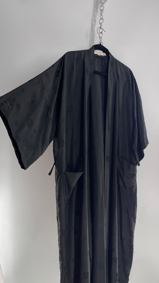 Vintage TREESHA 100% Pure Silk Black Long Embossed Robe (Large)