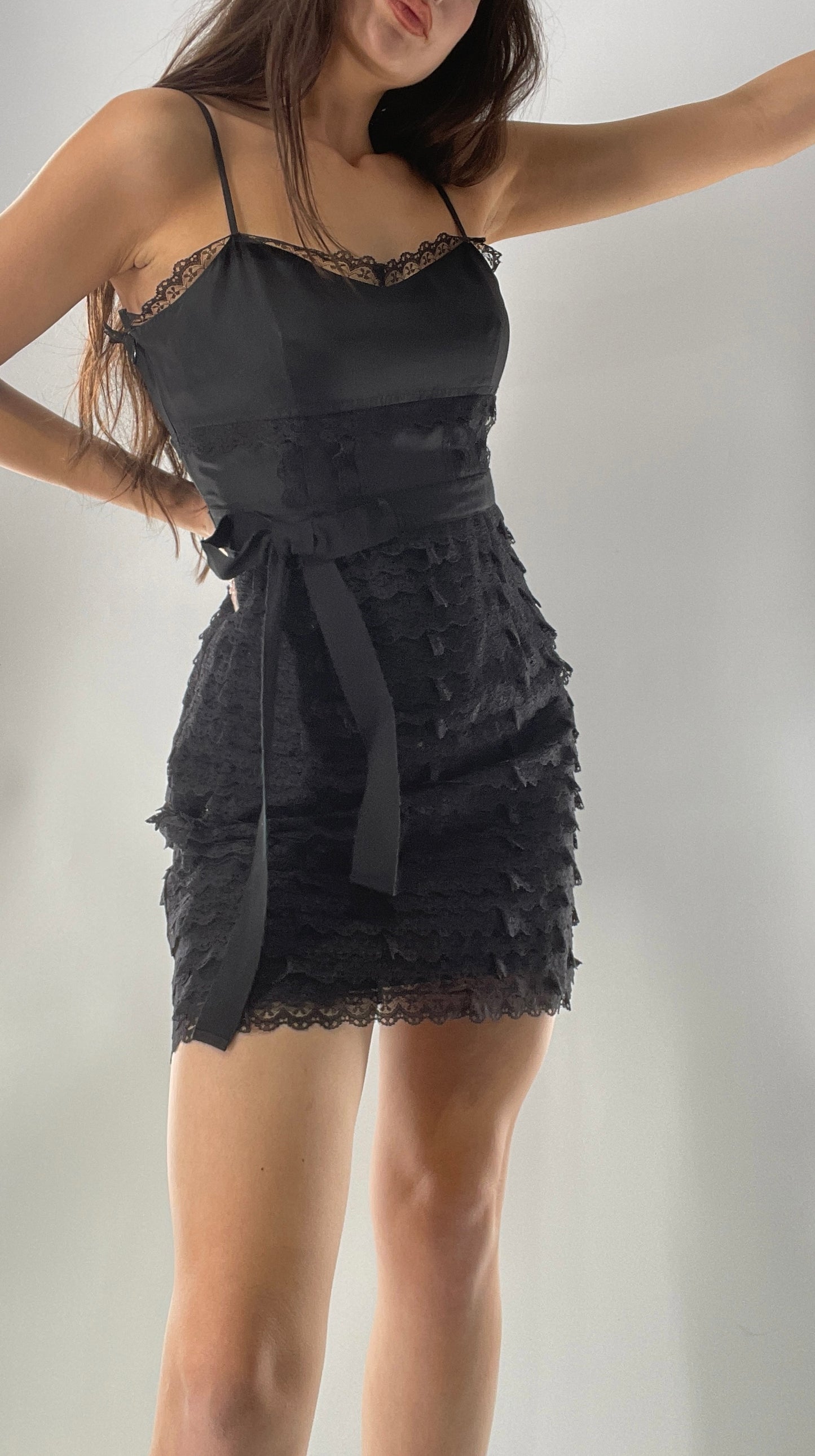 RED VALENTINO Black Corseted Style Ruffle Lace Hem Skirt Mini Dress