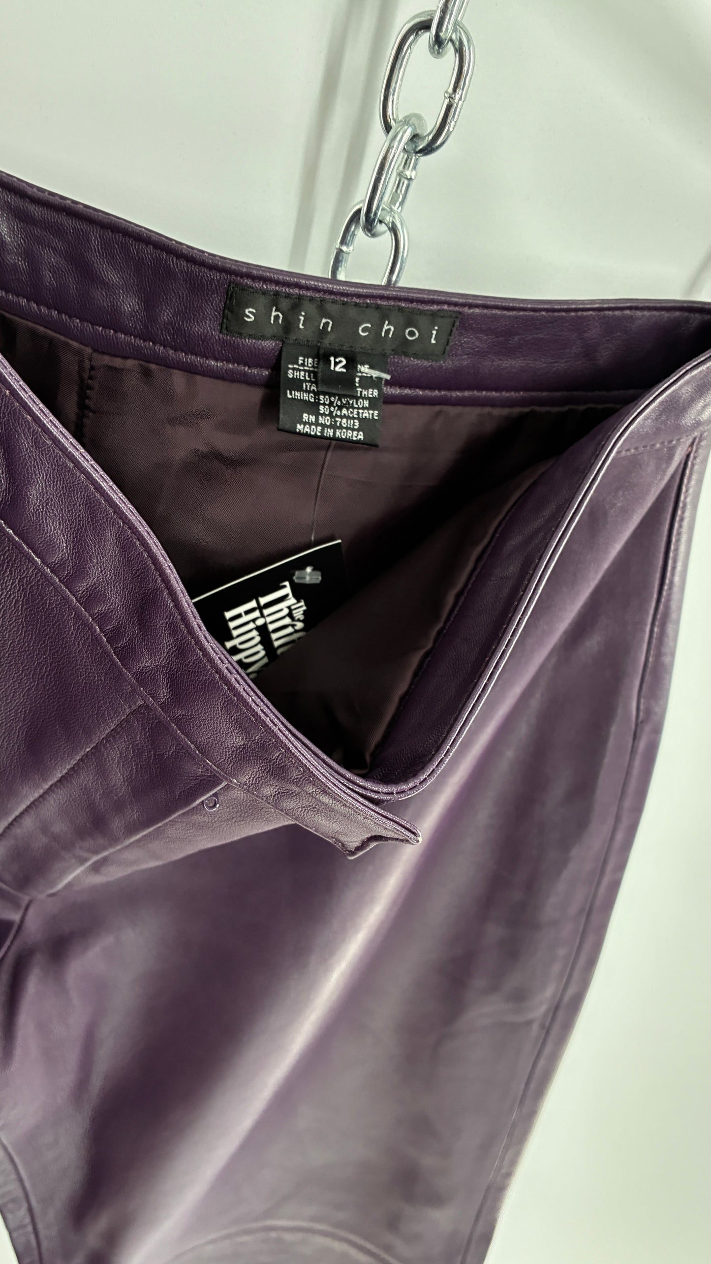 Vintage SHIN CHOI Genuine Italian Leather Purple Side Closure Low Rise Pants (12)
