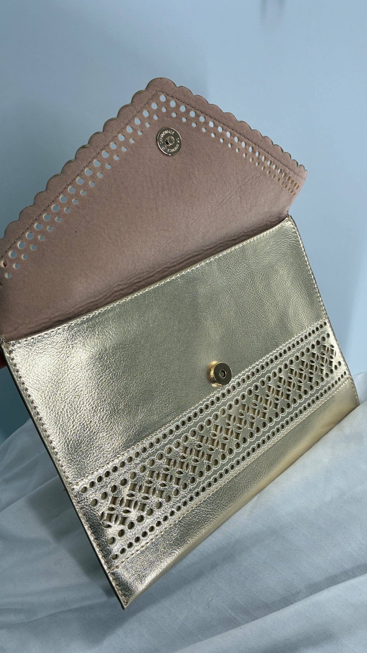 Anthropologie Gold Envelope Eyelet Lace Clutch