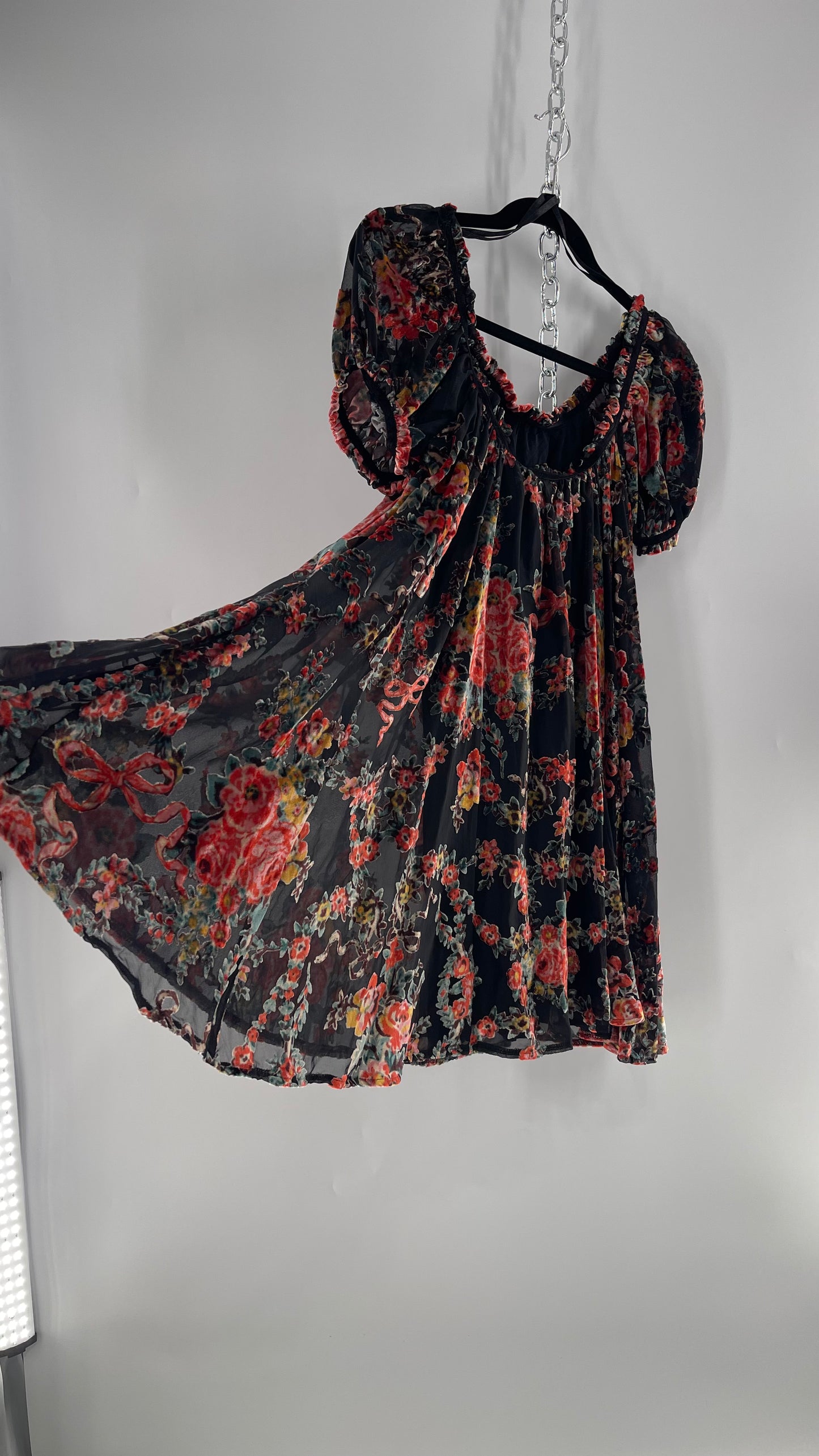 Free People Beautiful Blooms Velvet Florals Babydoll Dress (Small)