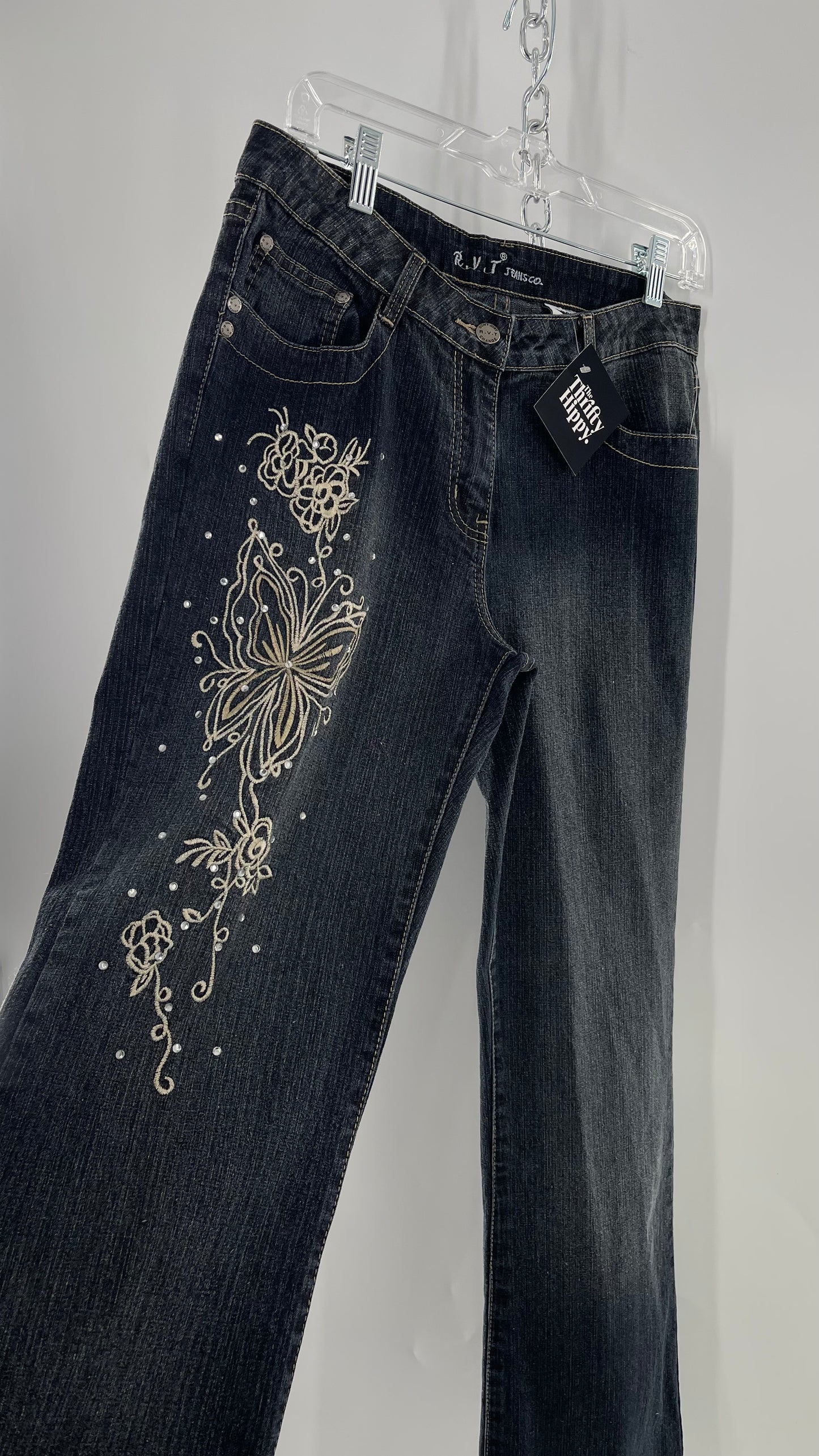 Vintage RVT Grey Kickflare Jeans with Butterfly Embroidery and Rhinestone Embellishment (9/10)