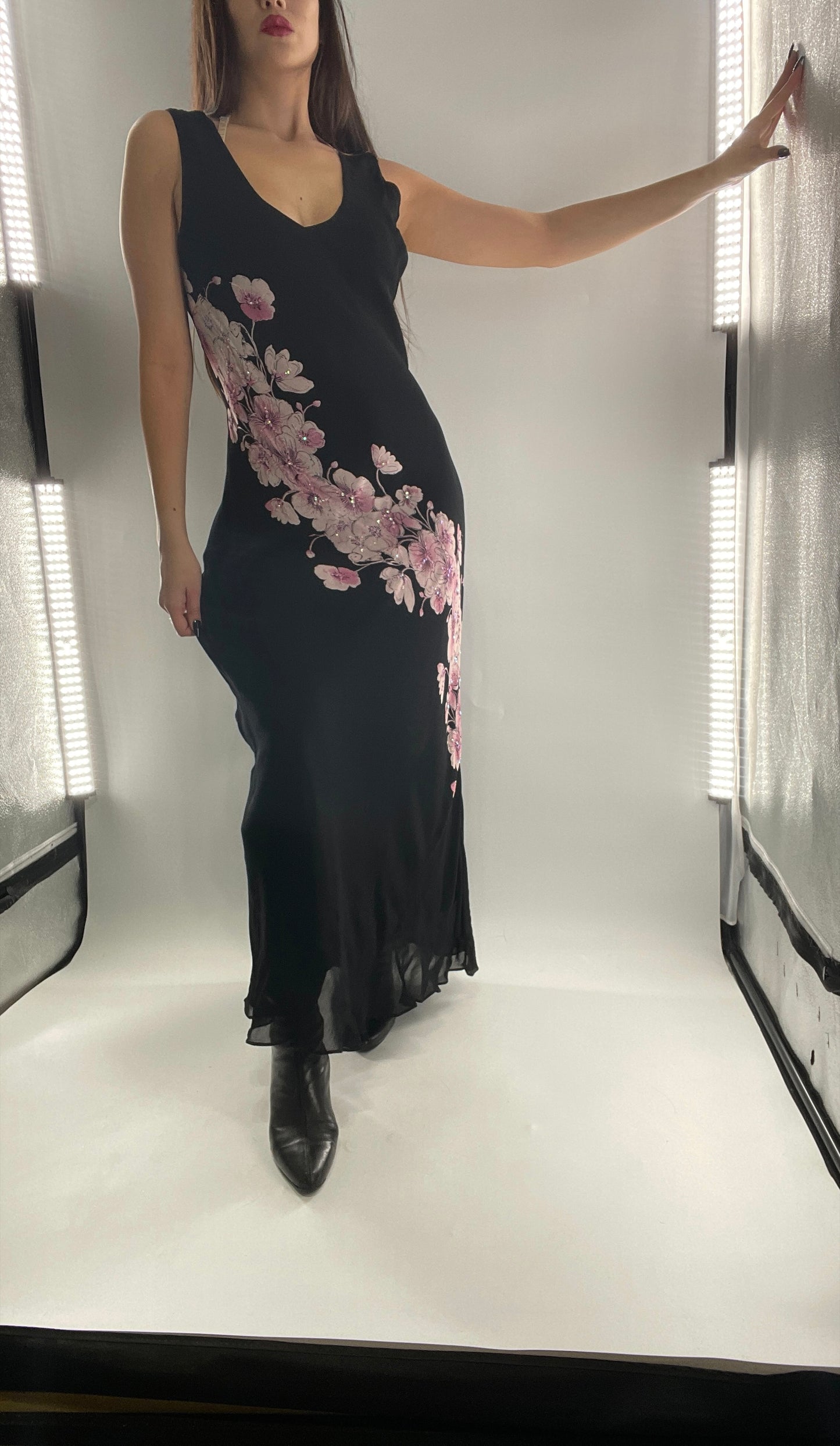 Vintage Dress Barn Black Slinky Maxi Dress with Pink Floral Graphic and Sequins (L)