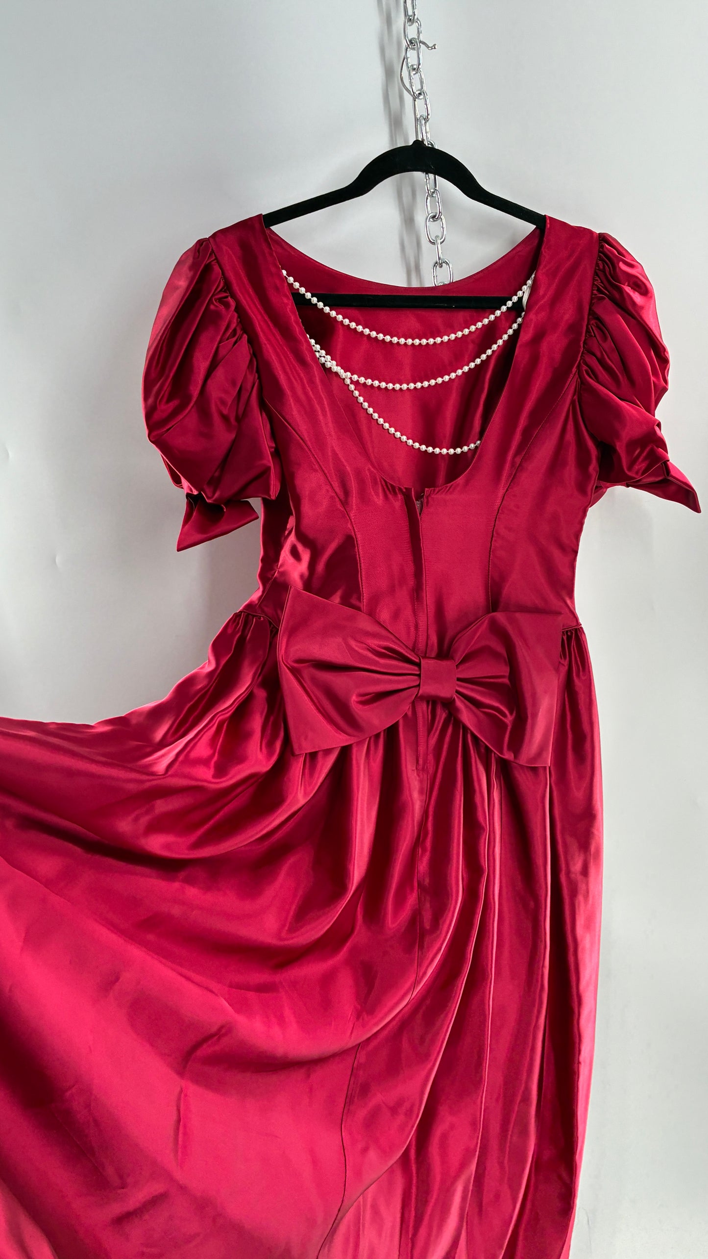 Vintage Red Silky Satin Corset Style Dress with Sweetheart Neckline, Puff Sleeves, Oversized Bow Bum, Open Back and Draping Pearls (10P)