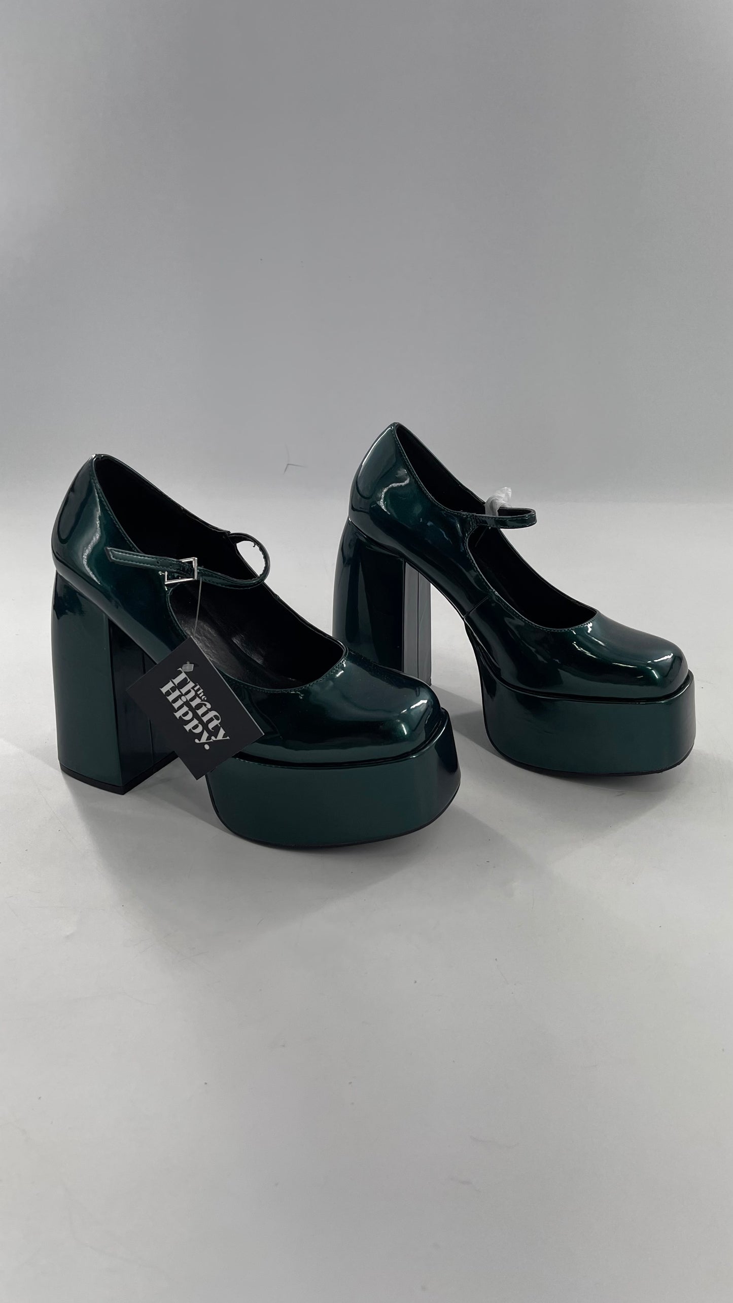 KOI FOOTWEAR Patent Emerald Green Platform Chunky Heel Mary Janes (9/39)
