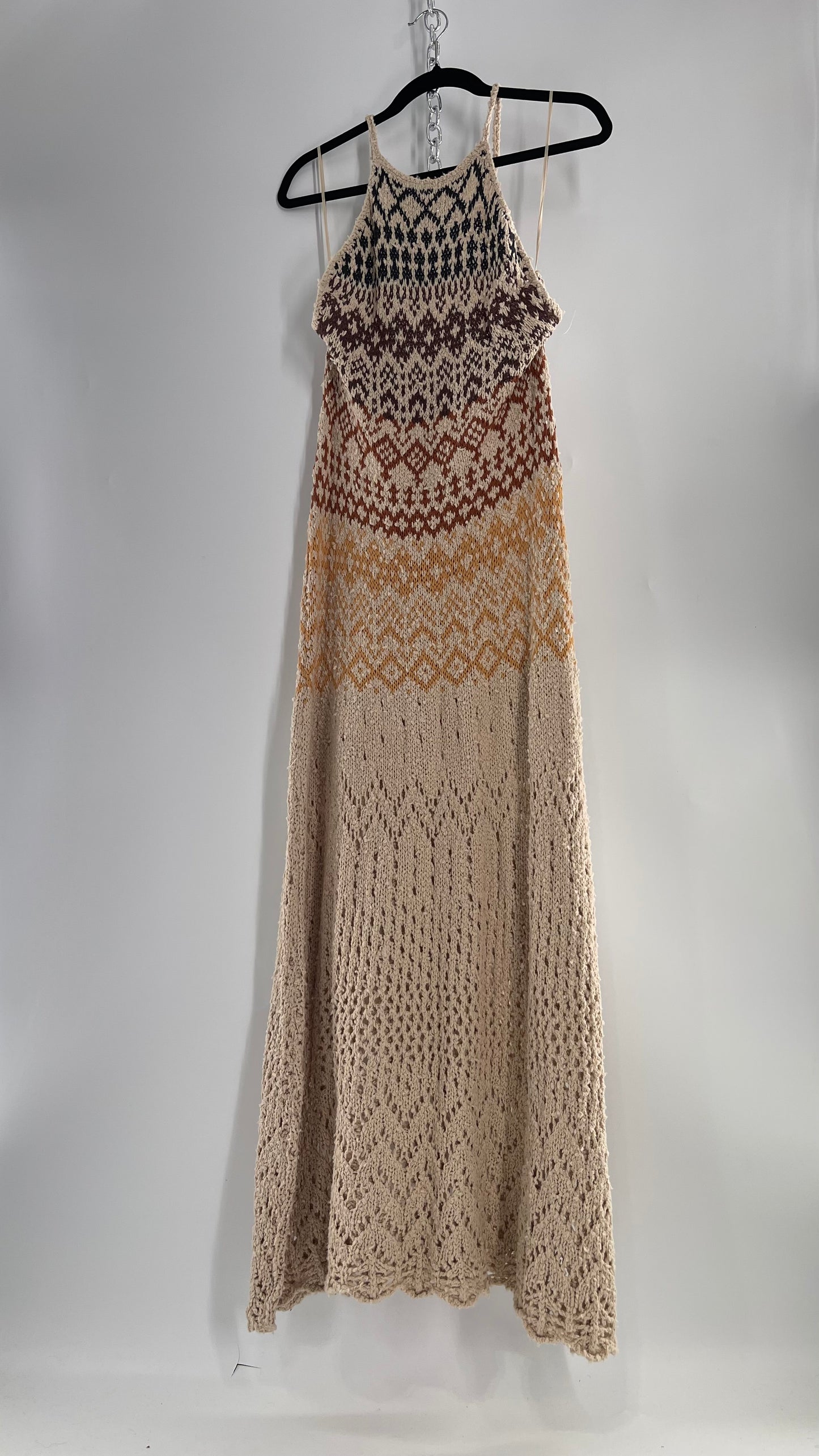 Free People Beige Ikat Oasis Knit Halter Maxi Dress (Small)
