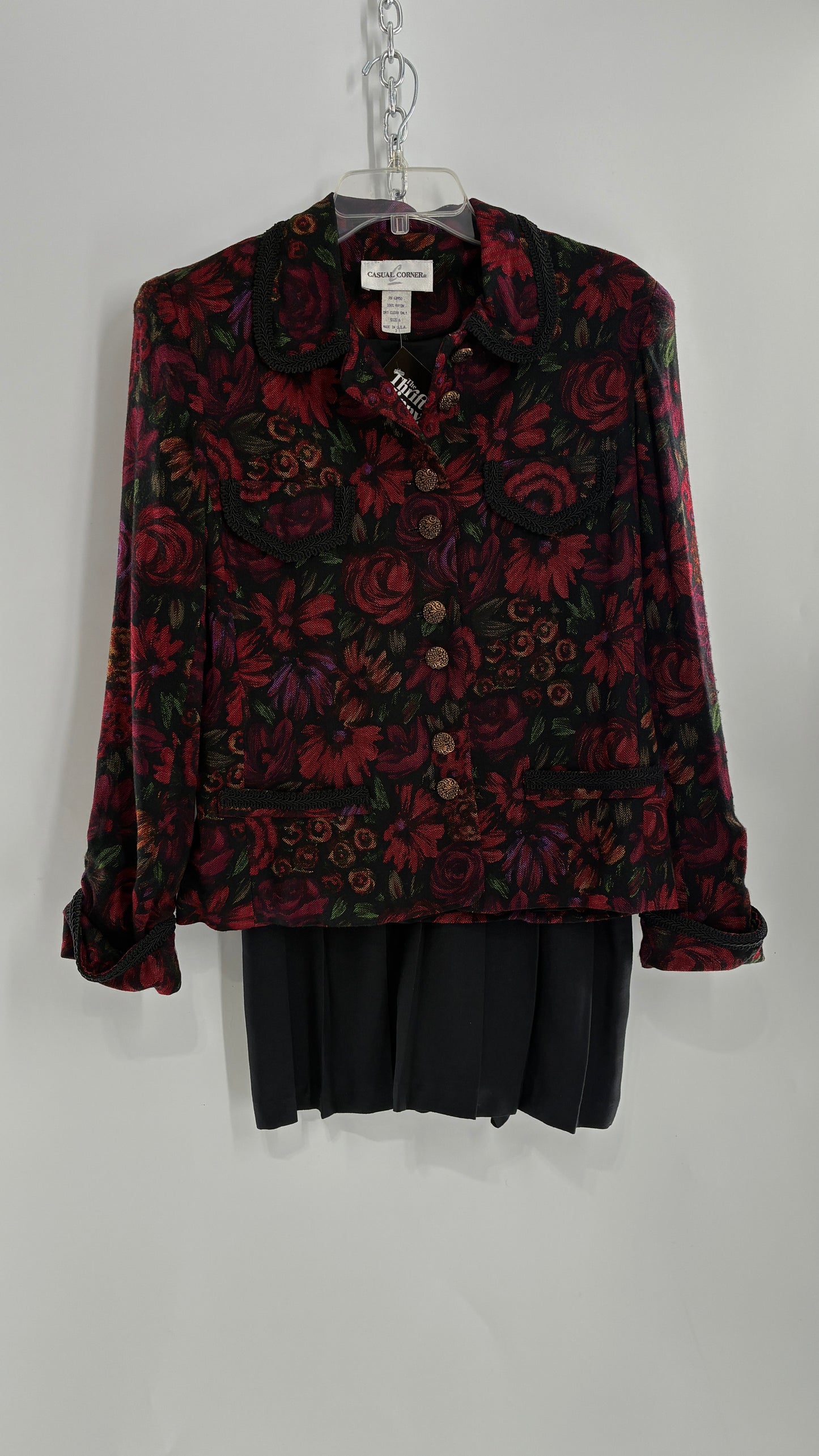 Vintage Suit Set with Gold Button, Deep Floral Blazer and Pleated Upcycled Mini Skirt (6)